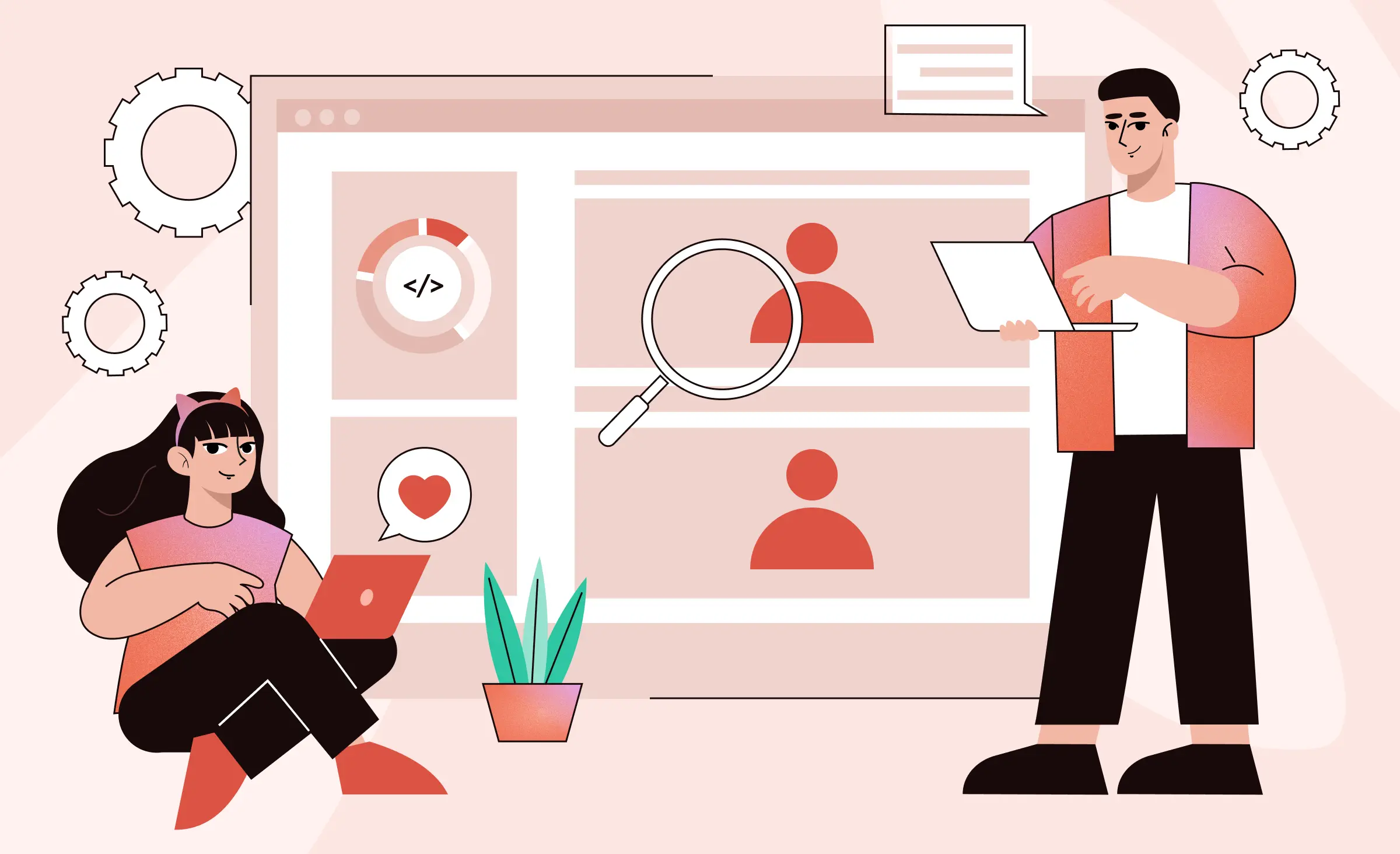 The article cover shows a young woman and a man with laptops. in the background, there are schematic profiles of candidates. the image depicts the process of hiring a dedicated development team.