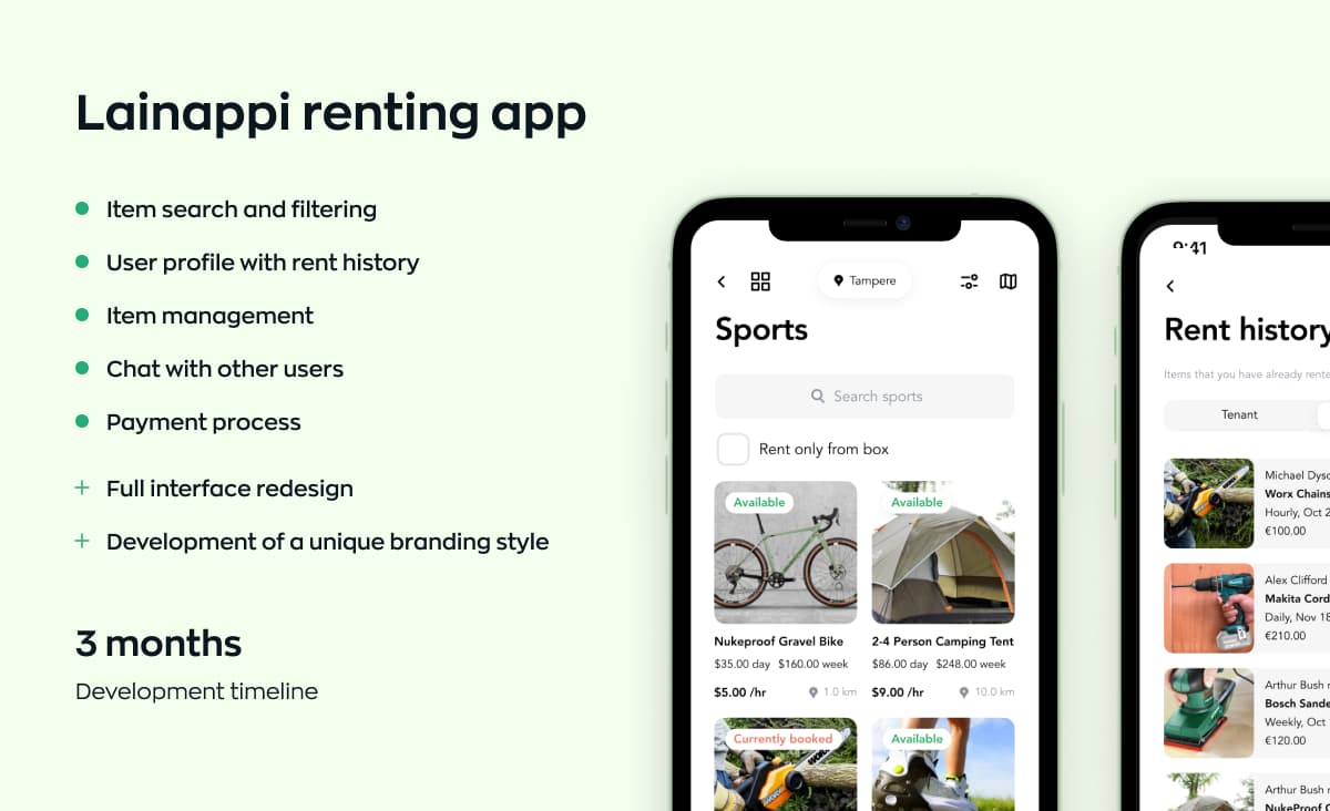 Lainappi rental app feature list and its three-month development timeline