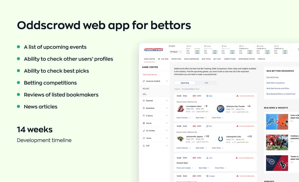 OddsCrowd web app feature list and its 14-week development timeline