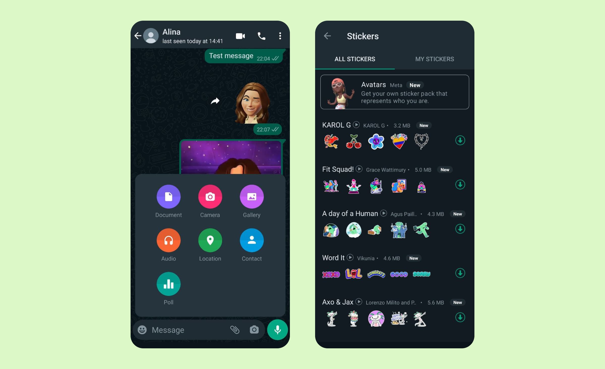 WhatsApp attachment menu with document, camera, gallery, audio, location, contact and poll options next to a sticker library