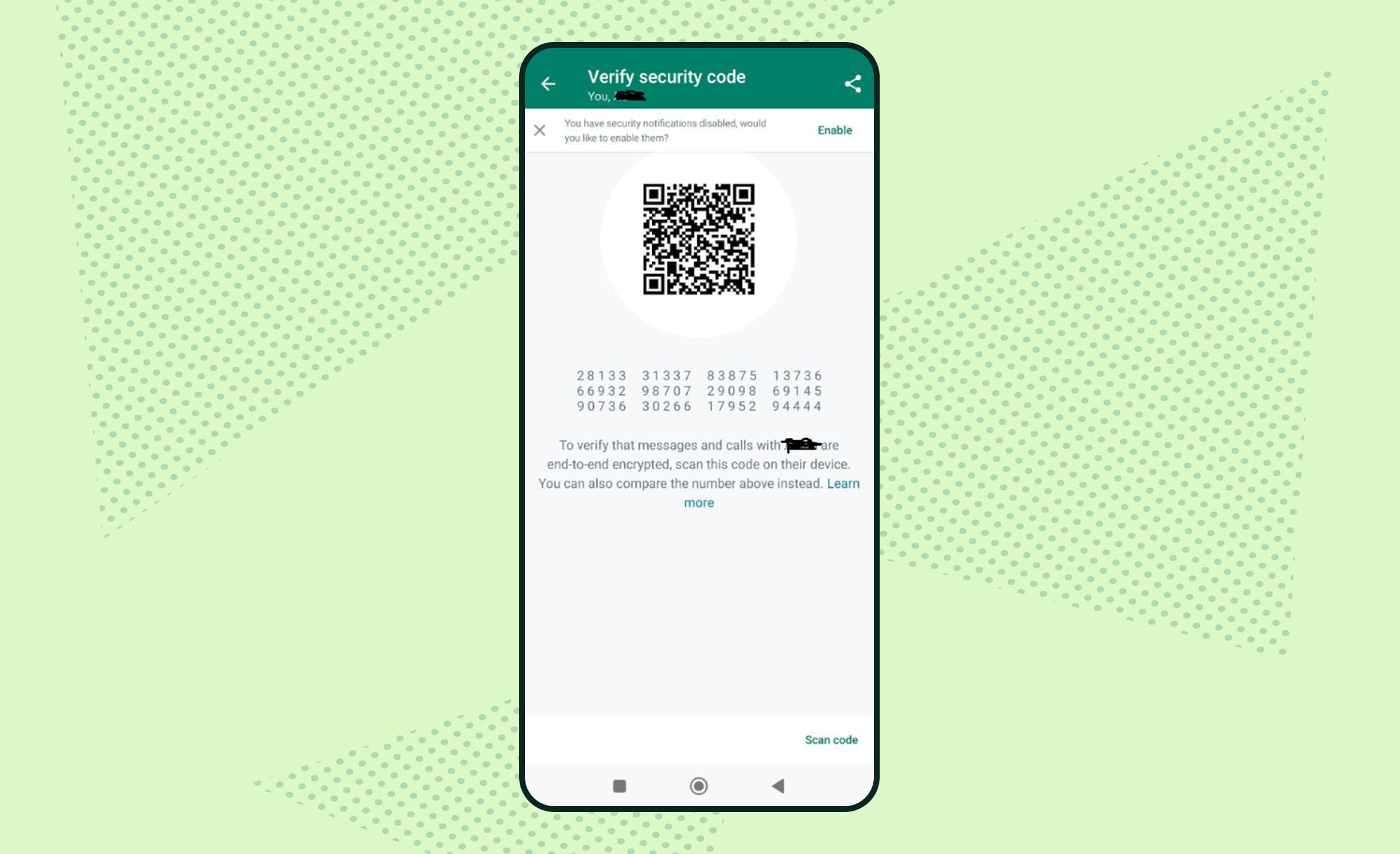 WhatsApp security code screen with a QR code and a 60-digit number for verifying end-to-end encryption