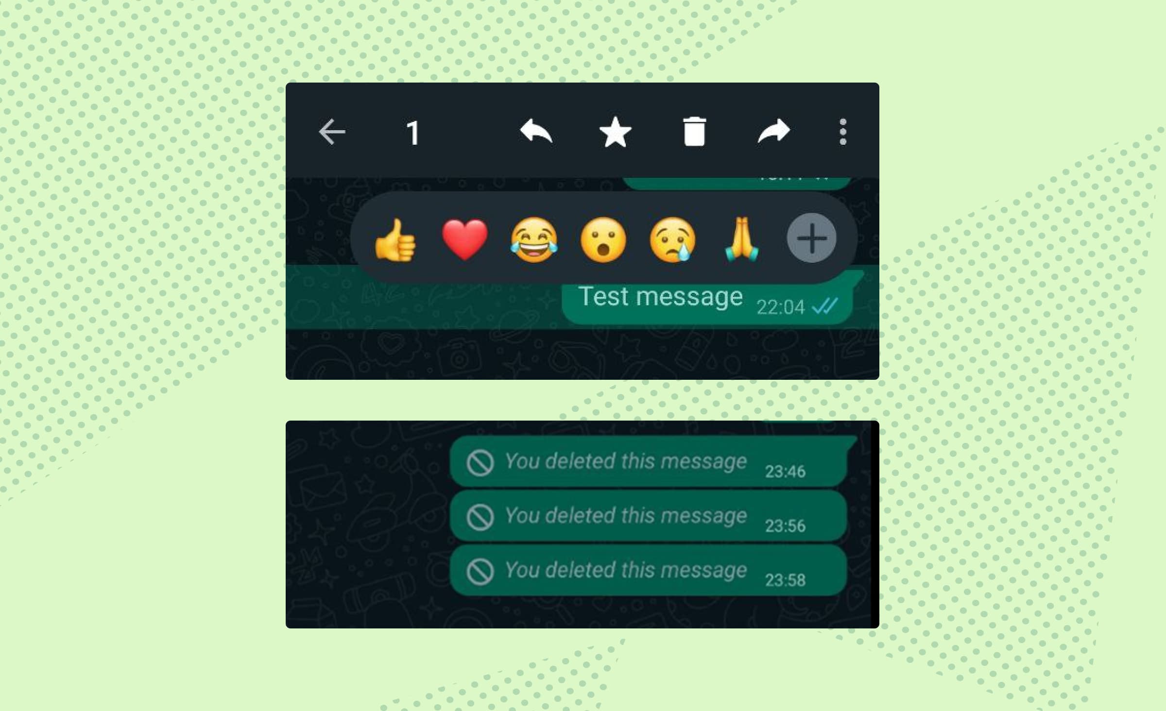 WhatsApp reaction picker, message action bar, and deleted message placeholders in a chat