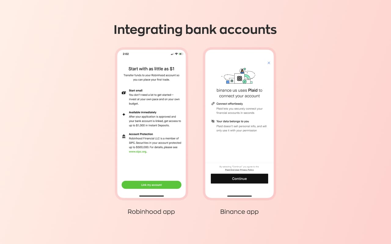Bank account linking screens from earlier versions of the Robinhood and Binance US apps, with Binance US using Plaid to connect an account