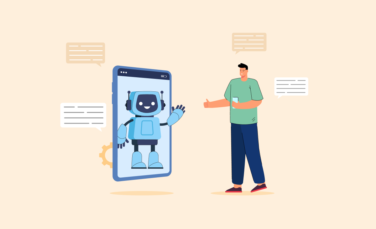 The cover reflects the title of the article "how to build an MVP" and its content - the article discusses, among other things, how generative AI helps in planning MVPs. the cover image features a man standing in front of a mobile phone screen. On the screen is an Android symbolizing ChatGPT. They are communicating with each other.