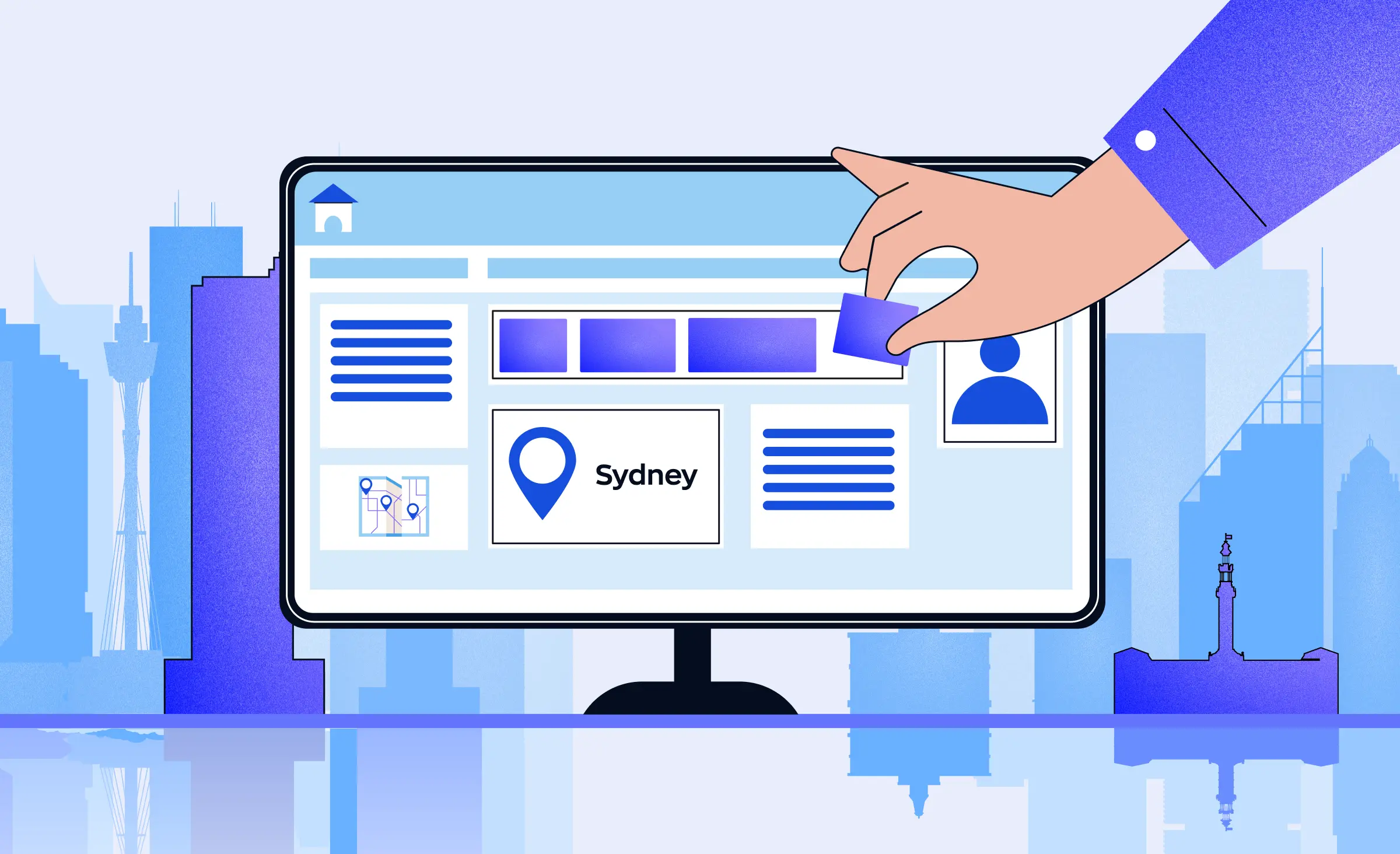 The article cover illustrates the selection of web design services in Sydney. It features a monitor displaying Sydney’s location, along with various blocks representing available services. a hand is shown picking one of the blocks.