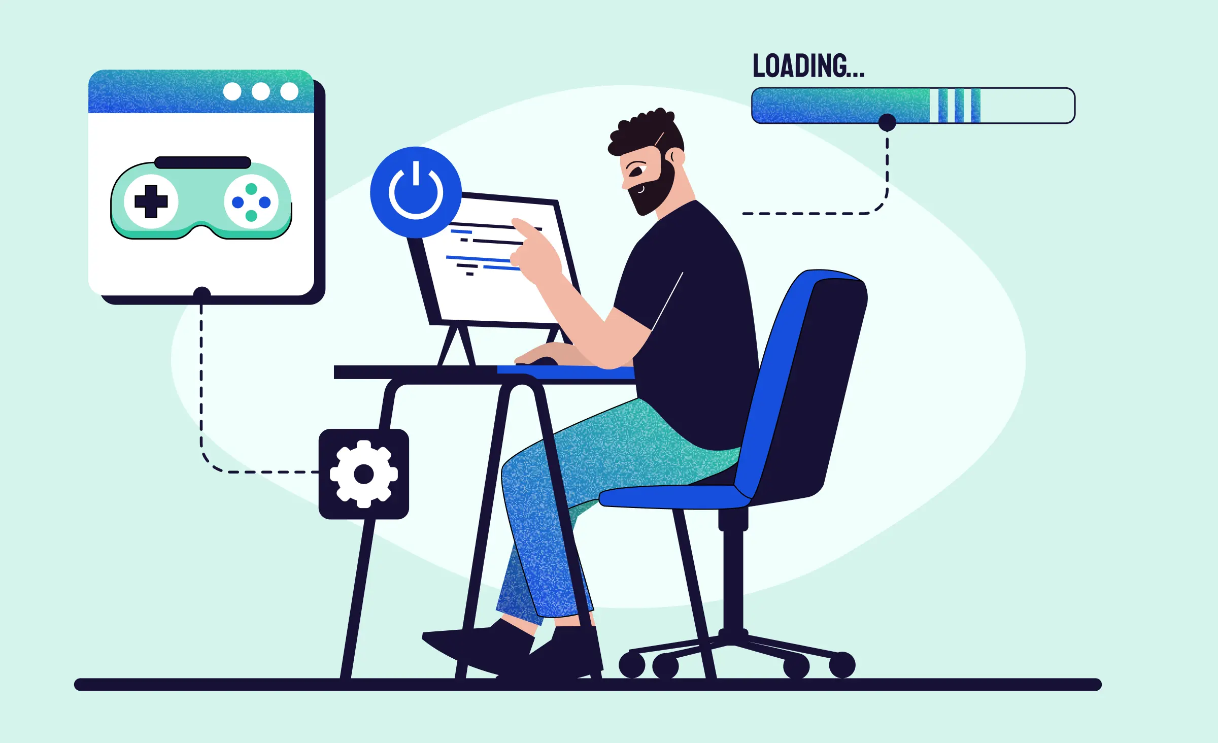 Cover of the article telling of how to make a game website. It shows a man at his desk pointing at the screen where he sees a website of a video game. We understand that it’s a game website by the picture of a gamepad.
