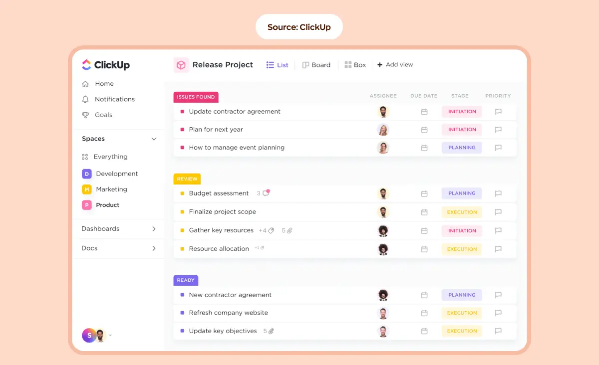 A project board in ClickUp, from ClickUp's own product materials, showing tasks grouped by status with assignees and stages