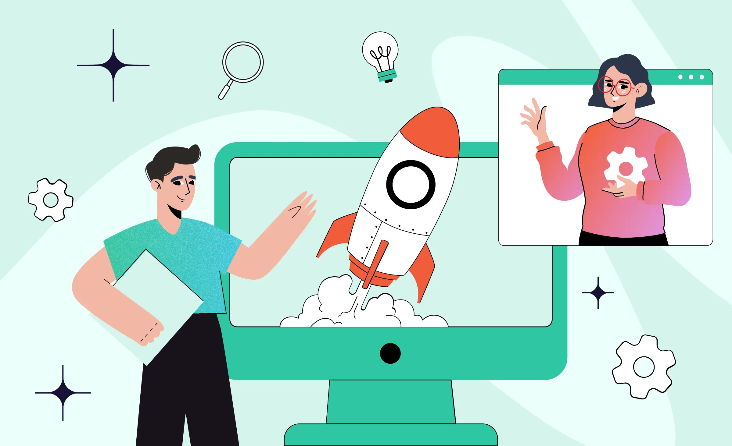 A young man stands in front of a computer screen with a rocket launching from it. a woman appears in a browser window, symbolizing an outsourced development team that will help launch the pilot project.