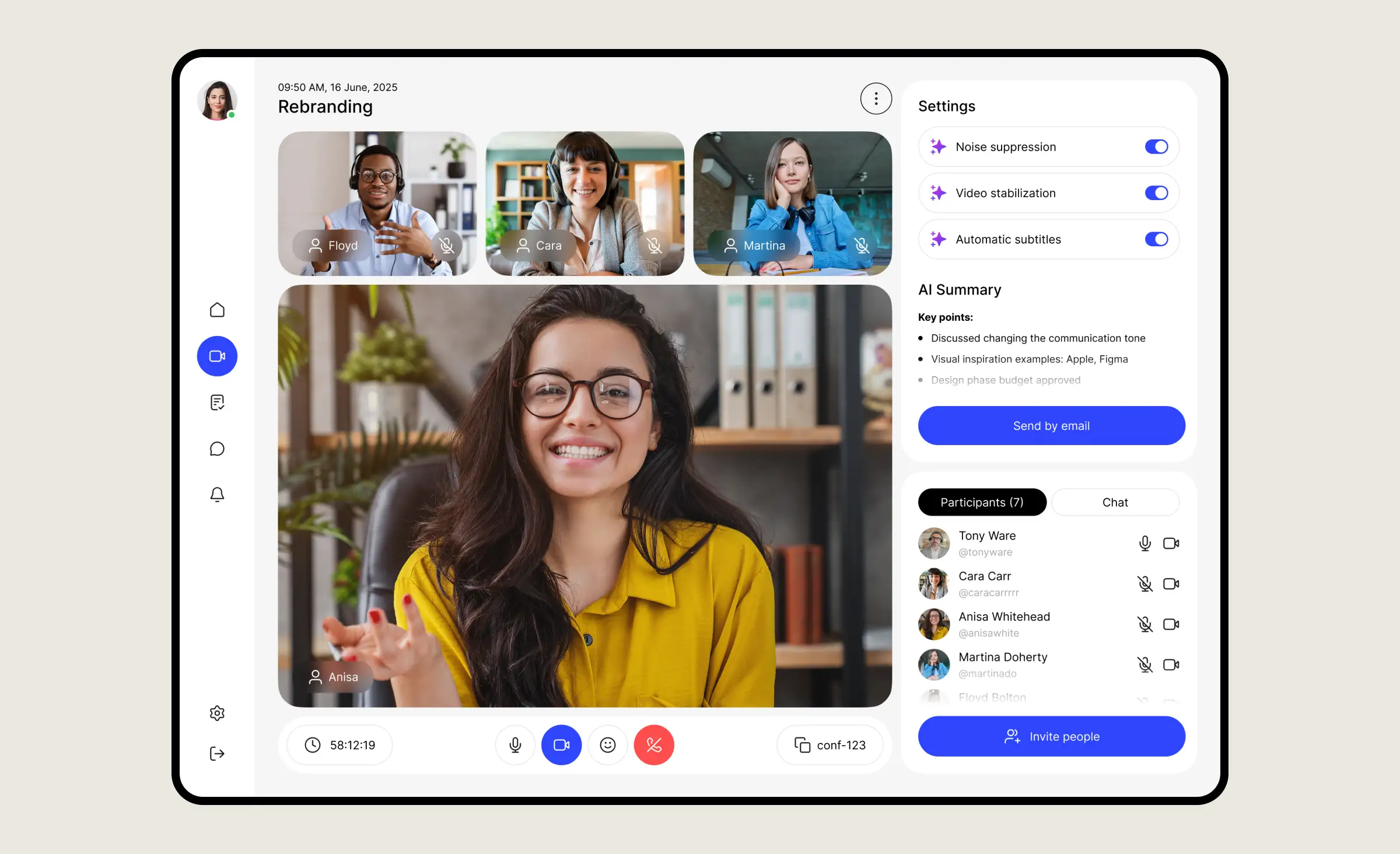 This image shows a modern video conferencing app with advanced features like AI-generated meeting summaries, automatic subtitles, and noise suppression — demonstrating how implementing generative AI in business can enhance communication and productivity during virtual meetings.