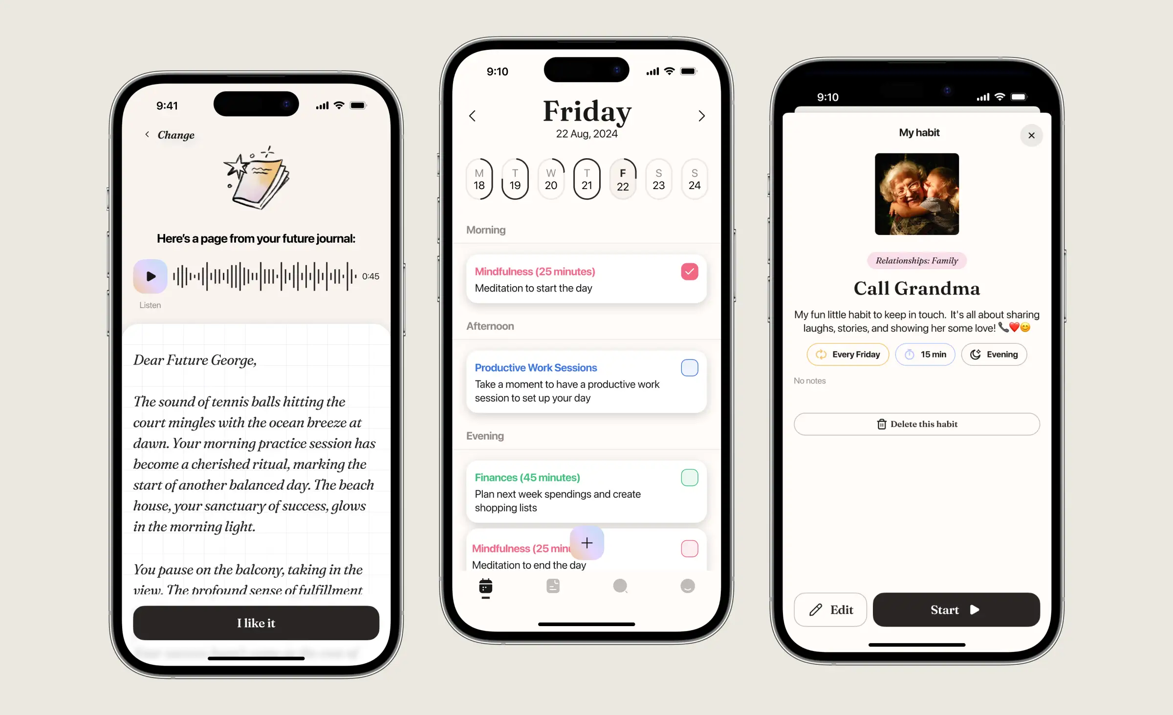 This image illustrates implementing generative AI in business through a mobile app that helps users form positive habits, track daily routines, and receive personalized journal entries — making self-improvement seamless and engaging.