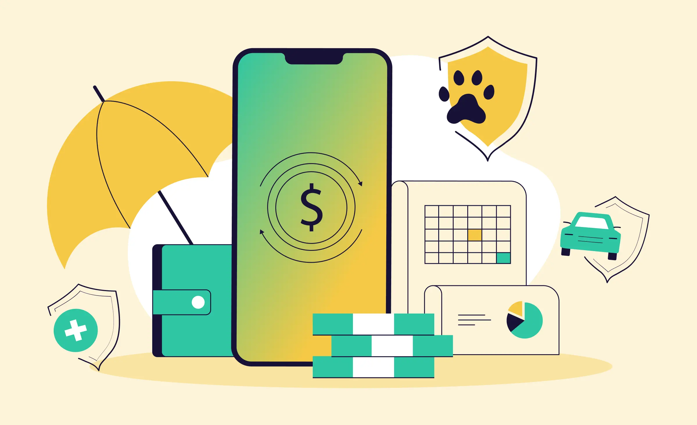 An article cover illustrates that the text is dedicated to insurance mobile app development and discusses different types of policies. We see a wallet, piles of money, statistics, a car, an umbrella, a calendar, and a paw symbolizing different insurances.