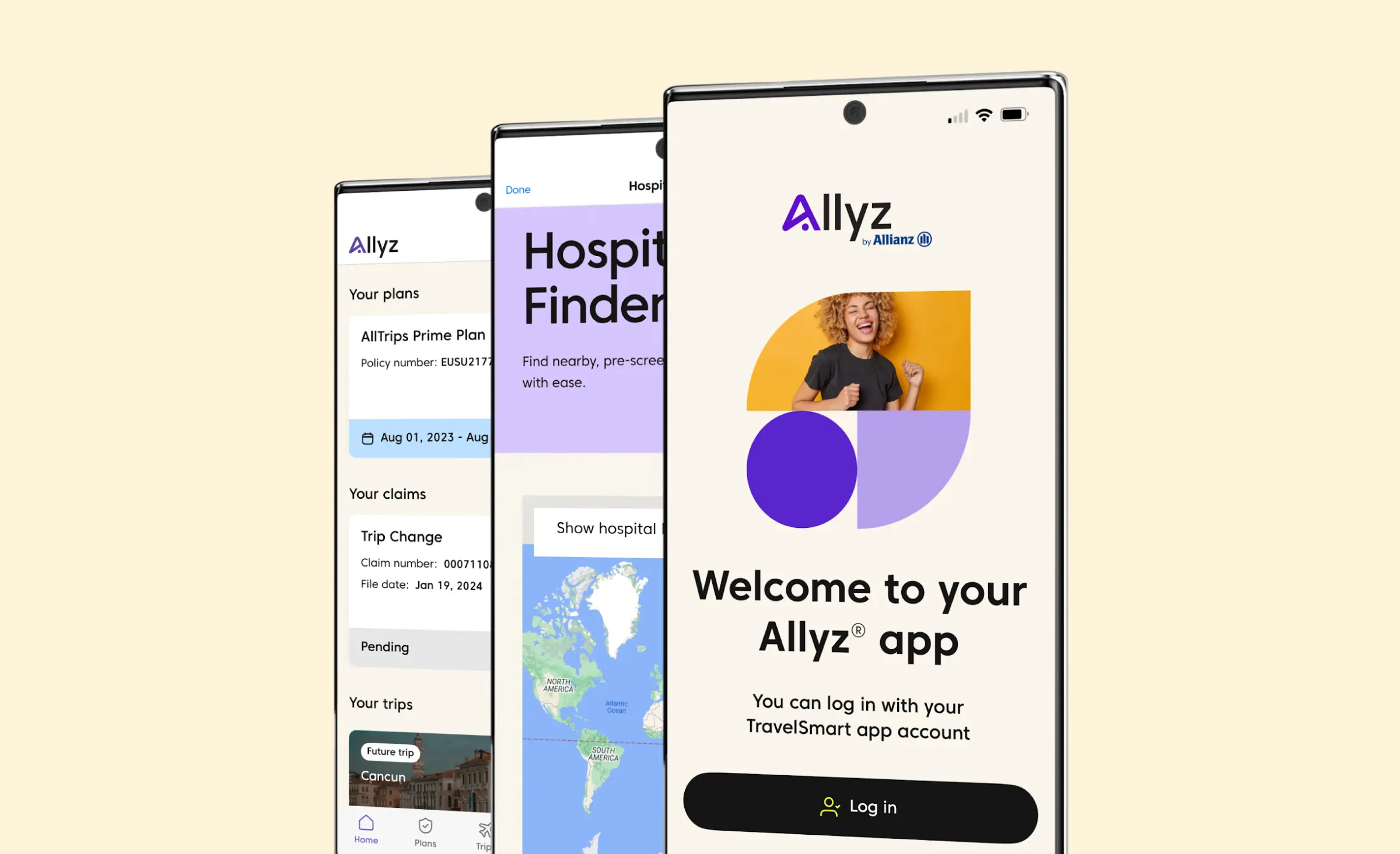 Three screenshots of the Allyz insurance mobile app. The first screen displays a welcome page with the Allyz logo, a photo of a smiling girl with curly hair, and text inviting users to log in. A button prompts users to log in. The second screen shows a hospital finder feature with a map that allows users to locate nearby hospitals. The third screen presents options to view insurance plans, claims, and travel information.