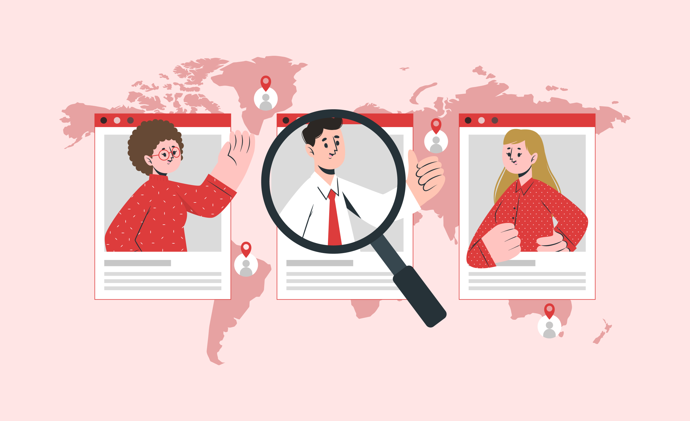 The cover represents the purpose of the article, providing guidance on selecting a software development company. It features a map with pinned profiles depicting various company representatives. Three profiles are zoomed in: one shows a woman with curly brown hair, glasses, and a longsleeve; another shows a woman with long fair hair wearing a shirt; and the third shows a man in a shirt and tie. a magnifying glass is examining the man’s profile.