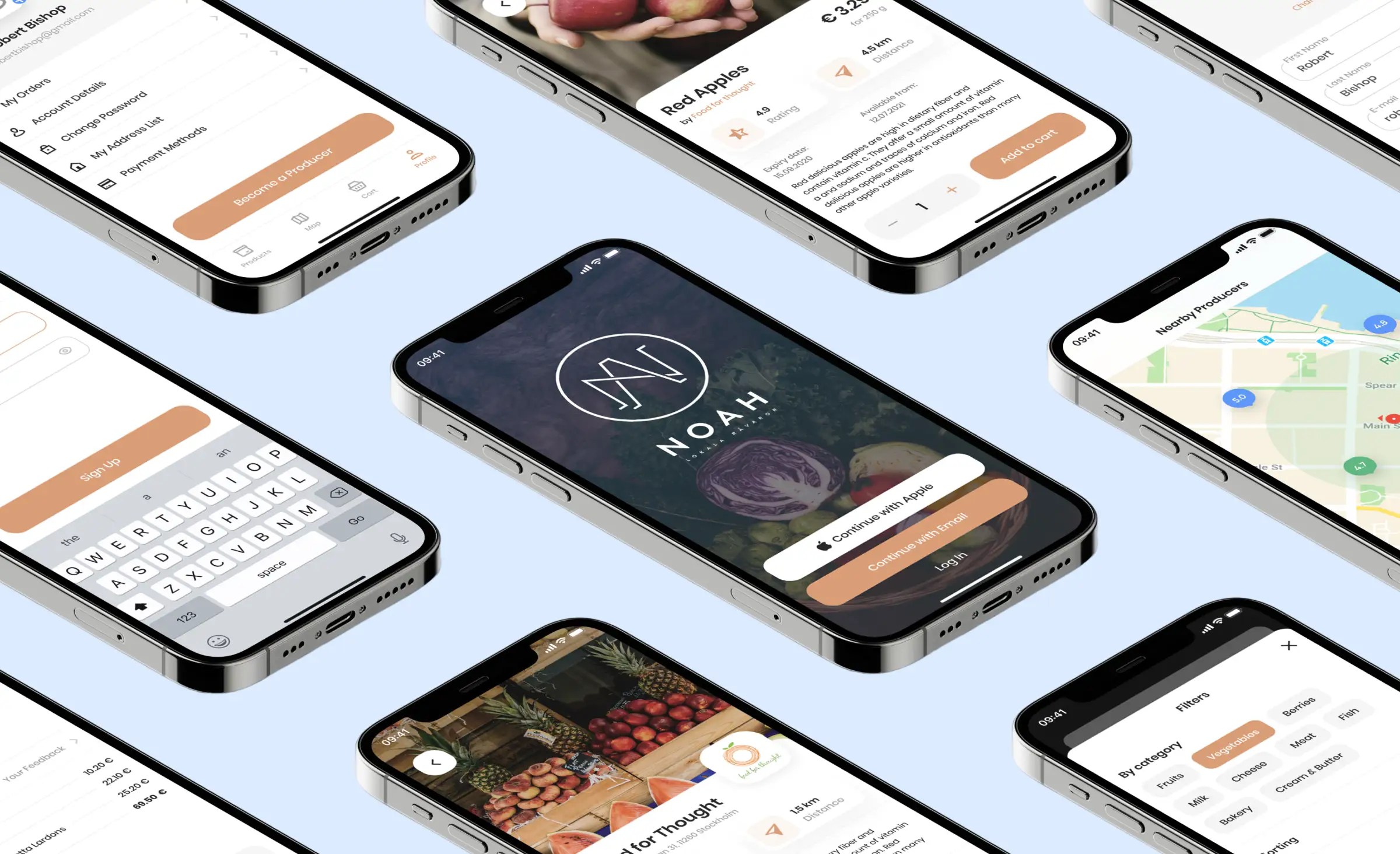 This image displays a modern farmer marketplace app on multiple mobile screens, showcasing user-friendly navigation, product listings, and map features. It is an example of Laravel ecosystem mastery scalable web application development, demonstrating how powerful backend capabilities combine with intuitive design to create seamless marketplace experiences.
