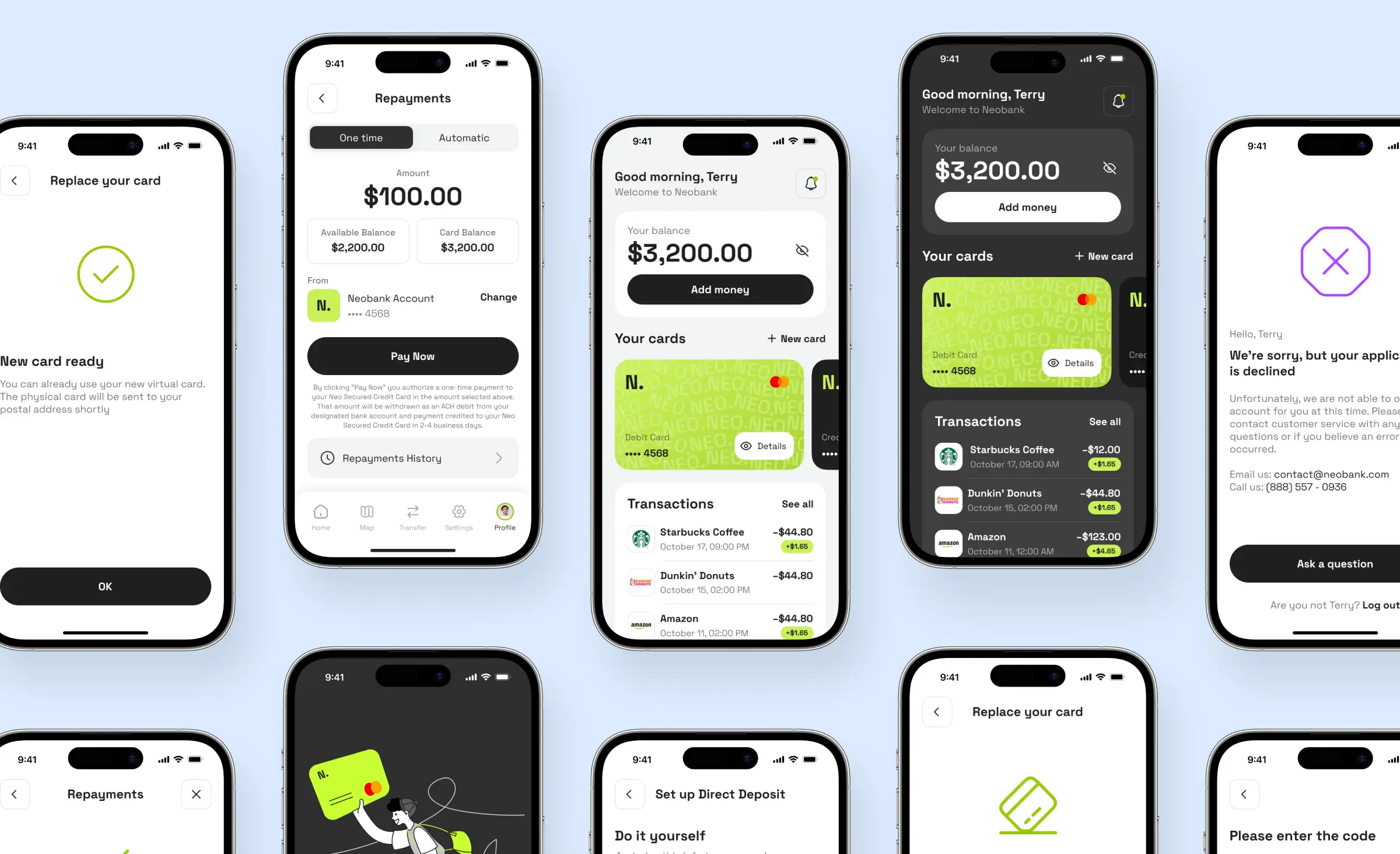 This image features a neobank mobile app interface with various screens for account management, virtual cards, transactions, and payments. It demonstrates how Laravel ecosystem mastery scalable web application development enables the creation of secure, user-friendly financial platforms that can handle complex operations and deliver a seamless digital banking experience.