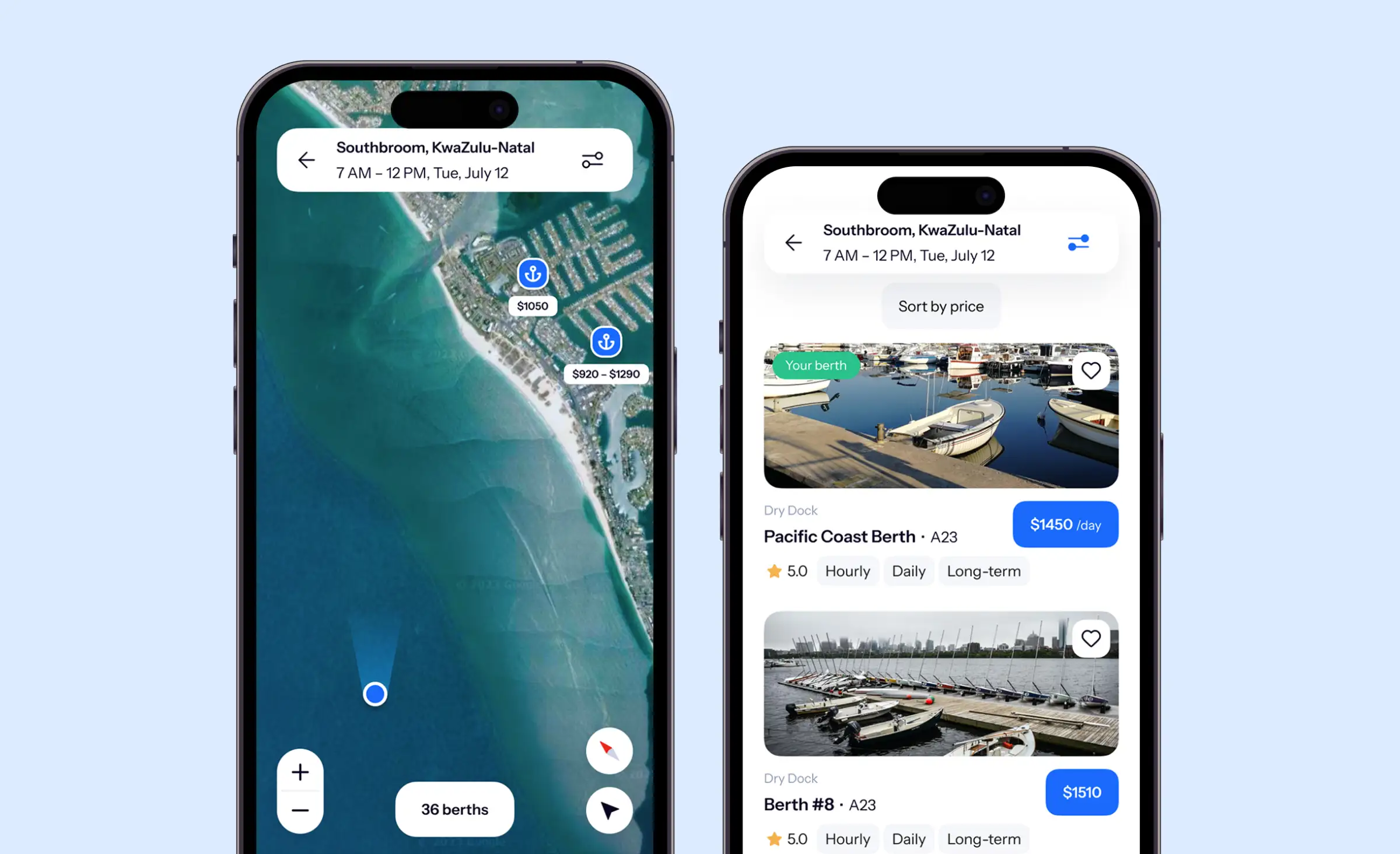 This image displays a mobile app interface for searching and booking boat berths, featuring an interactive map and detailed listings. It showcases how Laravel ecosystem mastery scalable web application development enables intuitive, location-based services and seamless booking experiences for users in the maritime industry.