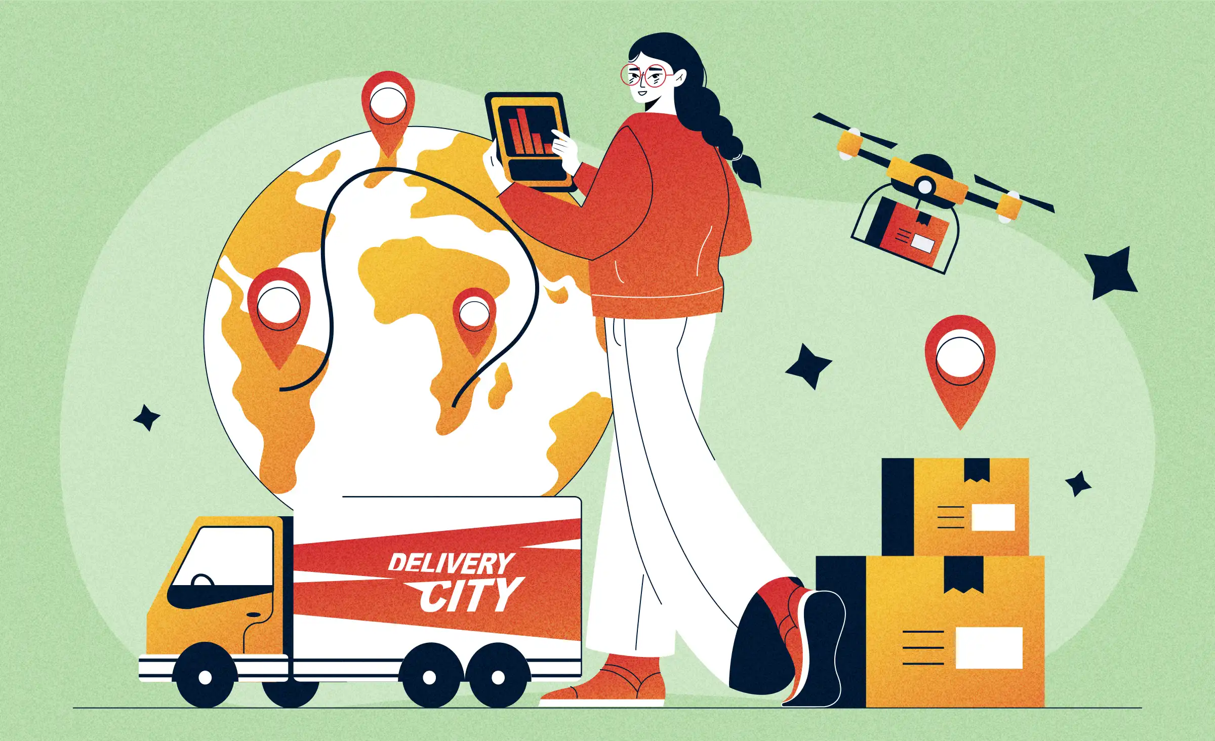 The article cover depicts logistics software development, resulting in a robust tool for managing the supply chain process. a girl at the front is studying stats on her tablet. in the background, we see a ferry delivering products, parcels ready for delivery, a drone carrying a box, and a globe with map pins symbolizing delivery destinations.