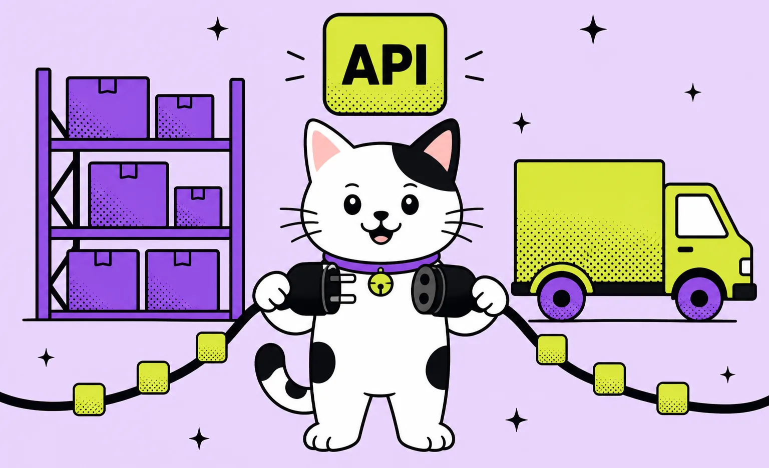 Flat illustration on a lavender background: the Ronas IT cat mascot stands between a purple-stacked warehouse rack and a lime delivery truck, holding a black cable plug in one paw and a matching socket in the other. Lime squares run along the cable like data packets, and a lime plaque above the cat reads API.