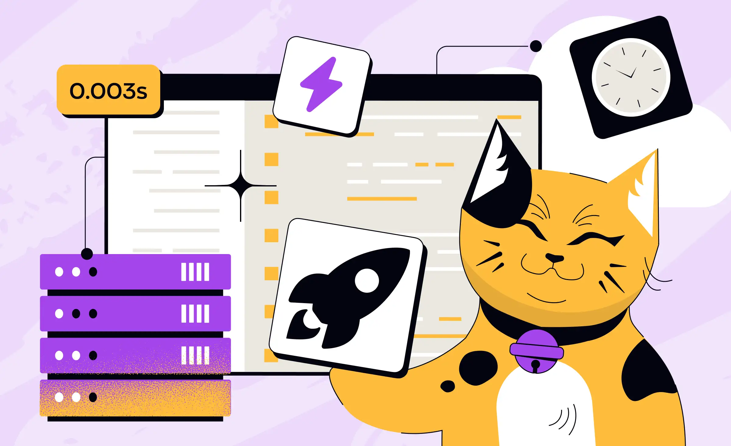 This illustration visually represents low latency backend development, showing a cheerful cat mascot next to server racks, speed icons, and a fast server response time of 0.003 seconds, highlighting fast performance and efficient backend processes.