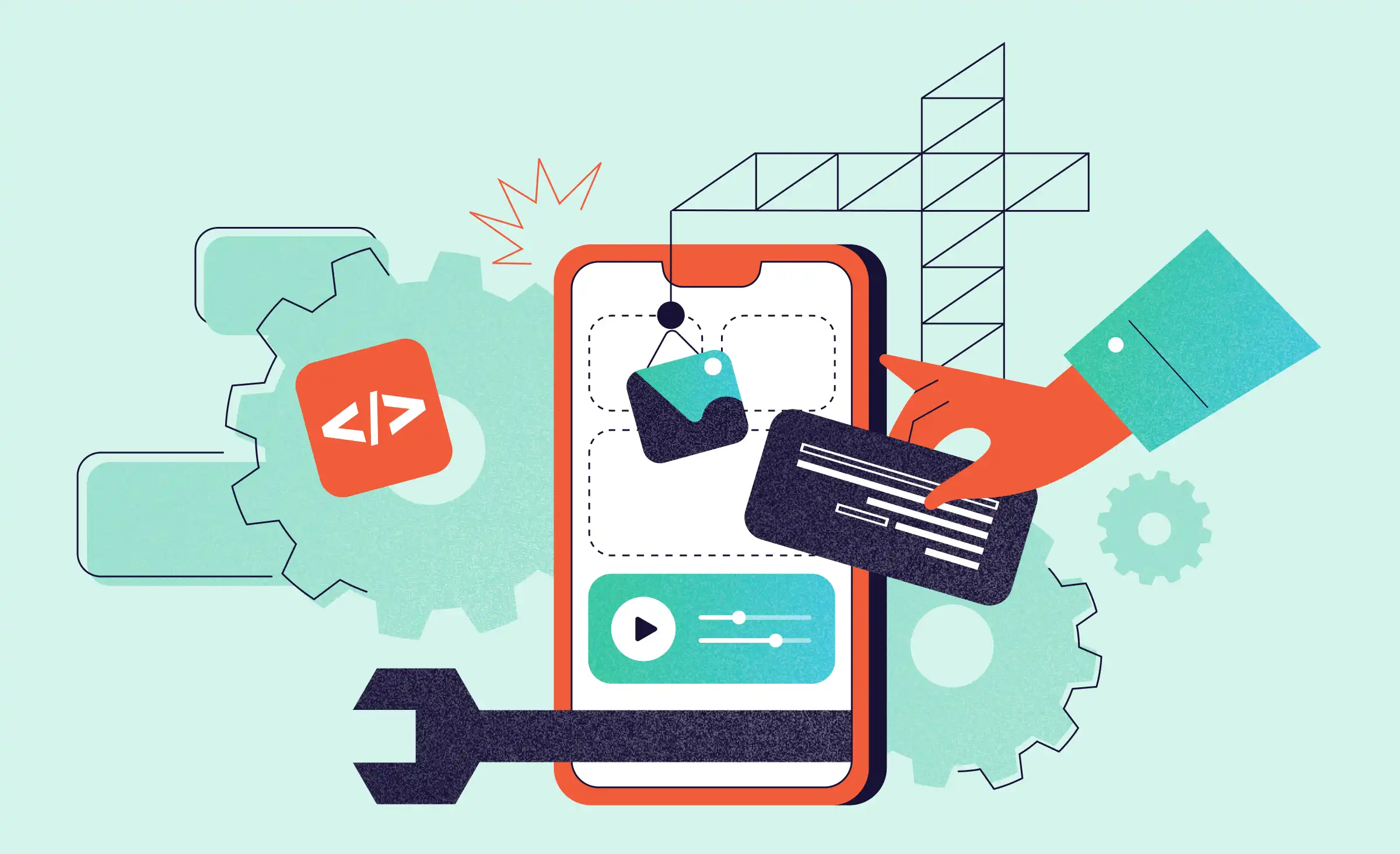 Cover of an article about mobile app maintenance services. the image metaphorically depicts repairs being made to a mobile application. a hand holds a piece of user interface element, while a wrench emerges from the mobile screen.