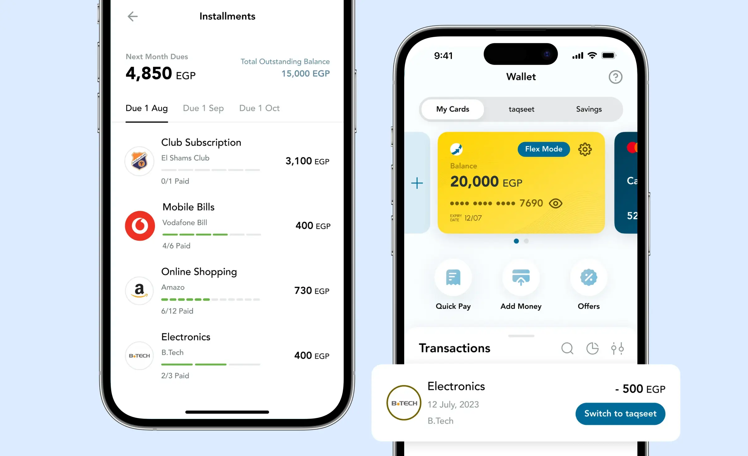 Installments and wallet screens in a MENA mobile payments app