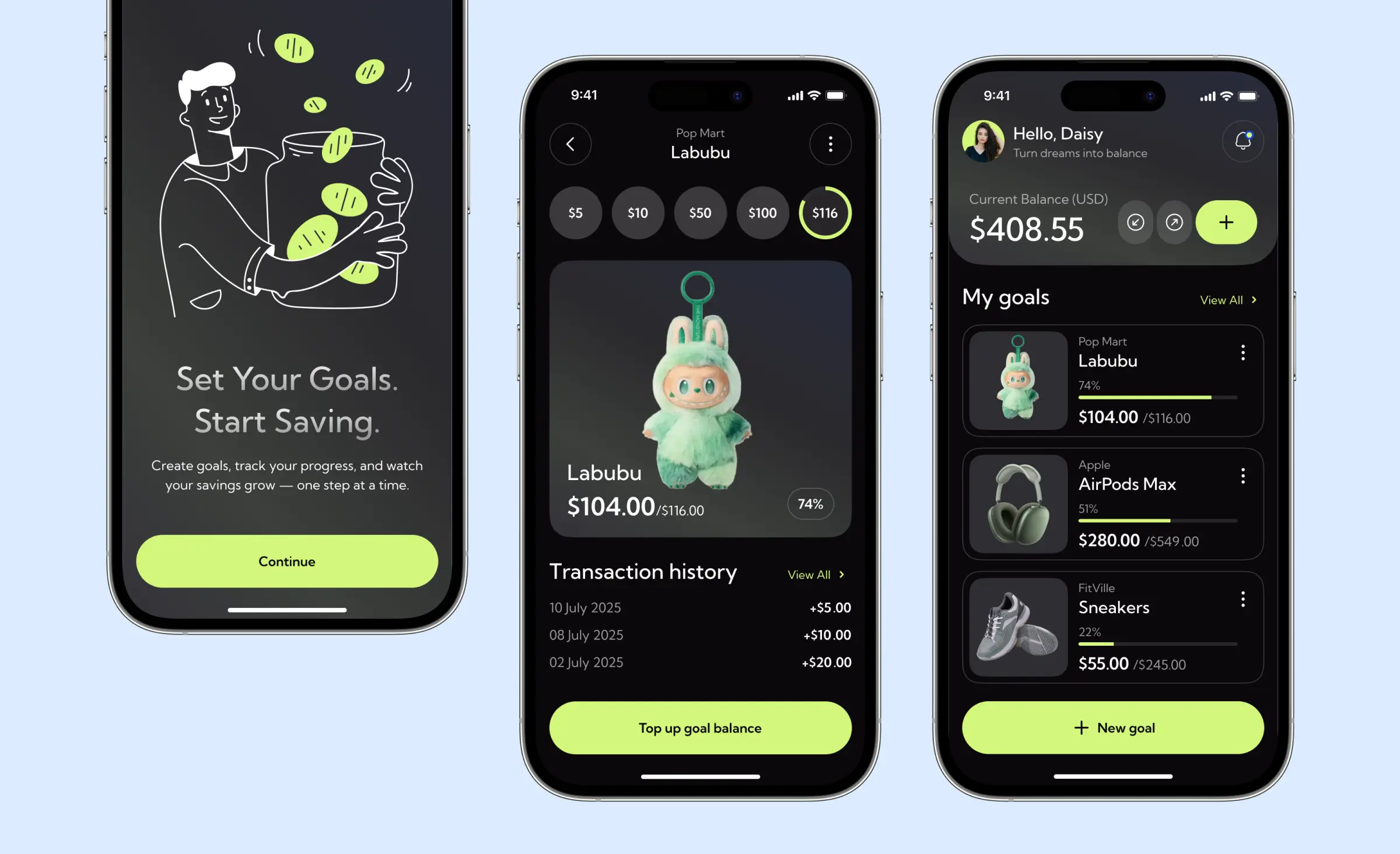 Savings-goals and budgeting concept from a Ronas IT fintech app design