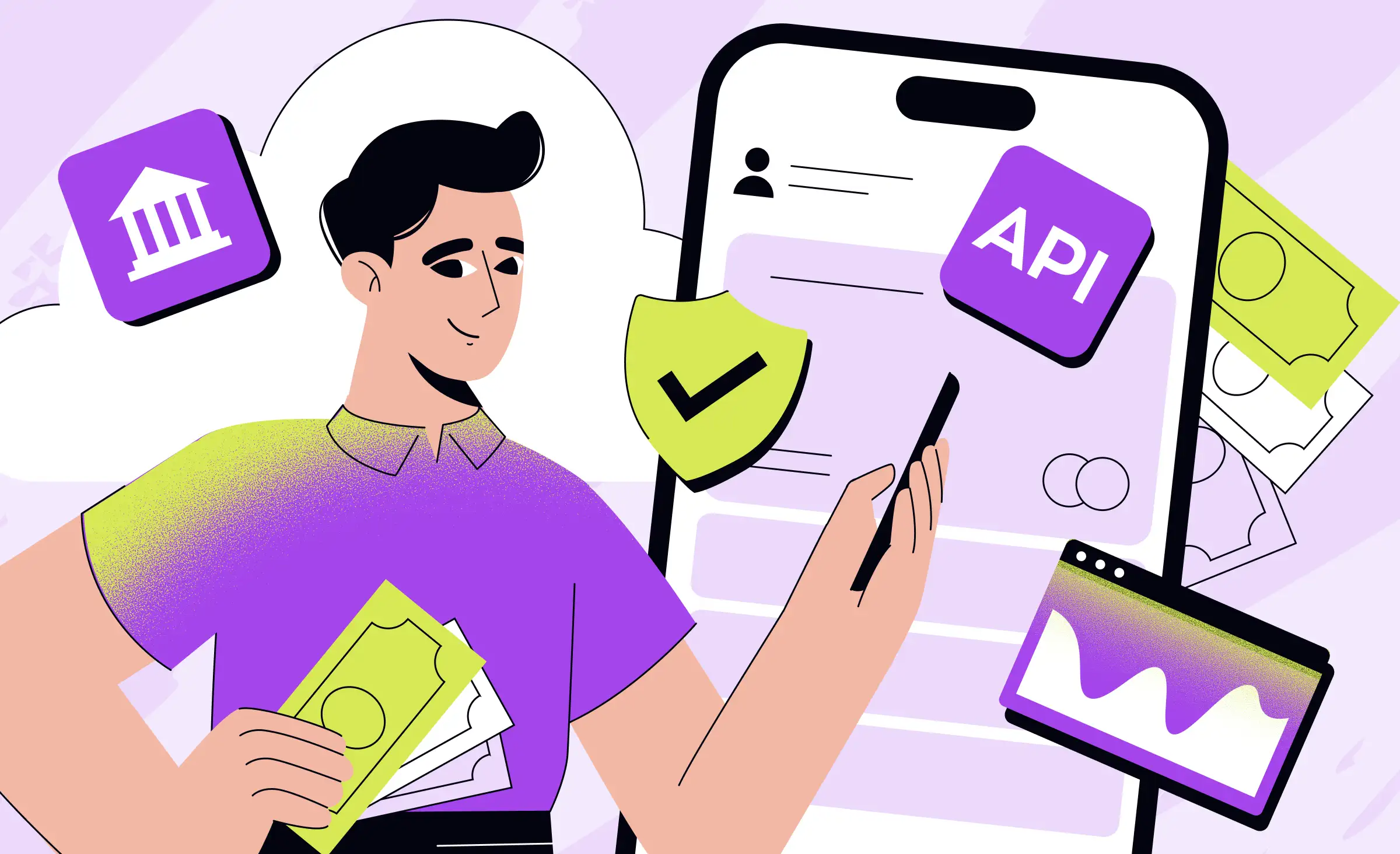 This image illustrates the concept of open banking integration, showing a person interacting with a mobile banking app, surrounded by visual elements representing secure APIs, fintech innovation, and seamless financial data exchange between banks and digital platforms.