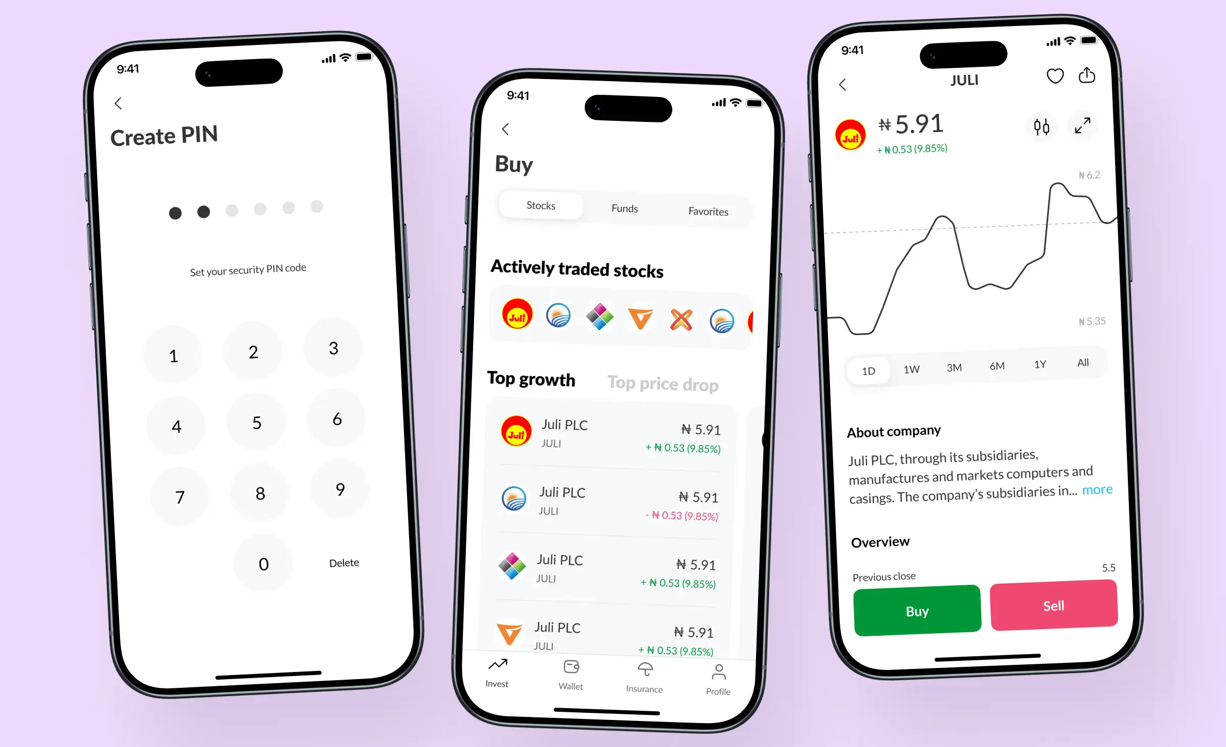 This image showcases a modern fintech mobile app built by Ronas IT using open banking integration, featuring secure PIN creation, access to actively traded stocks, and real-time financial analytics, all designed to streamline user experience and digital investment.
