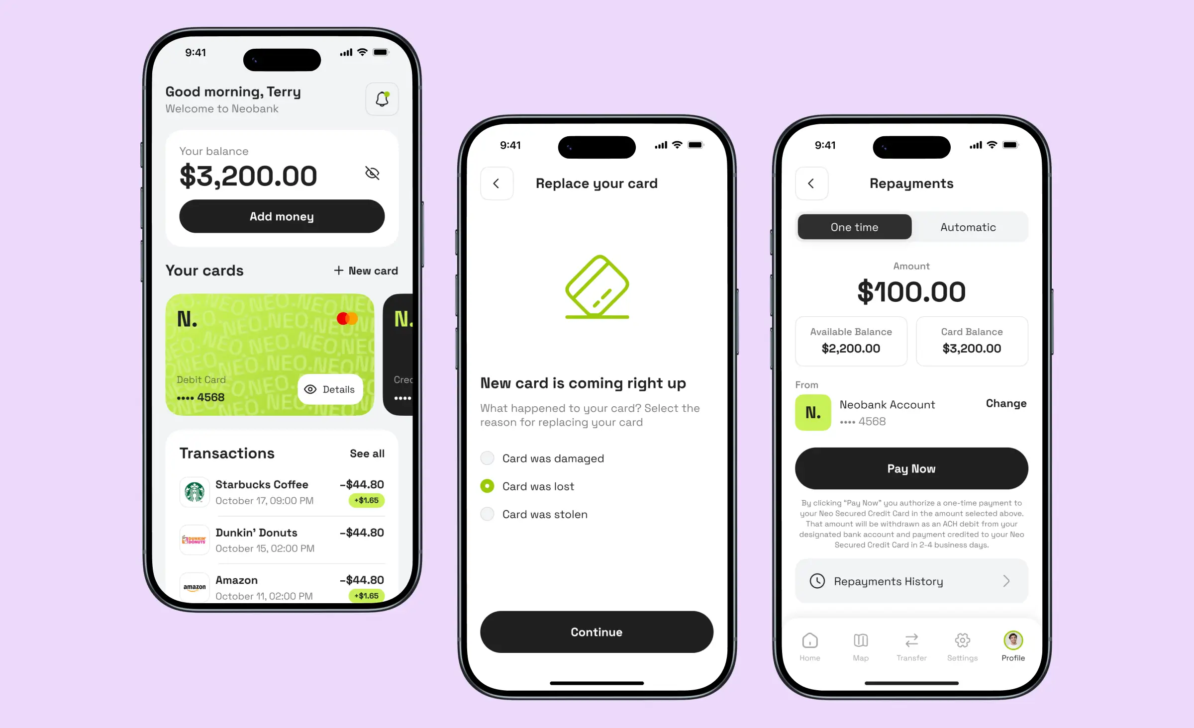 This image illustrates a neobank mobile application built by Ronas IT with open banking integration, enabling users to manage account balances, request card replacements, and make repayments efficiently, all through a secure and streamlined digital interface.
