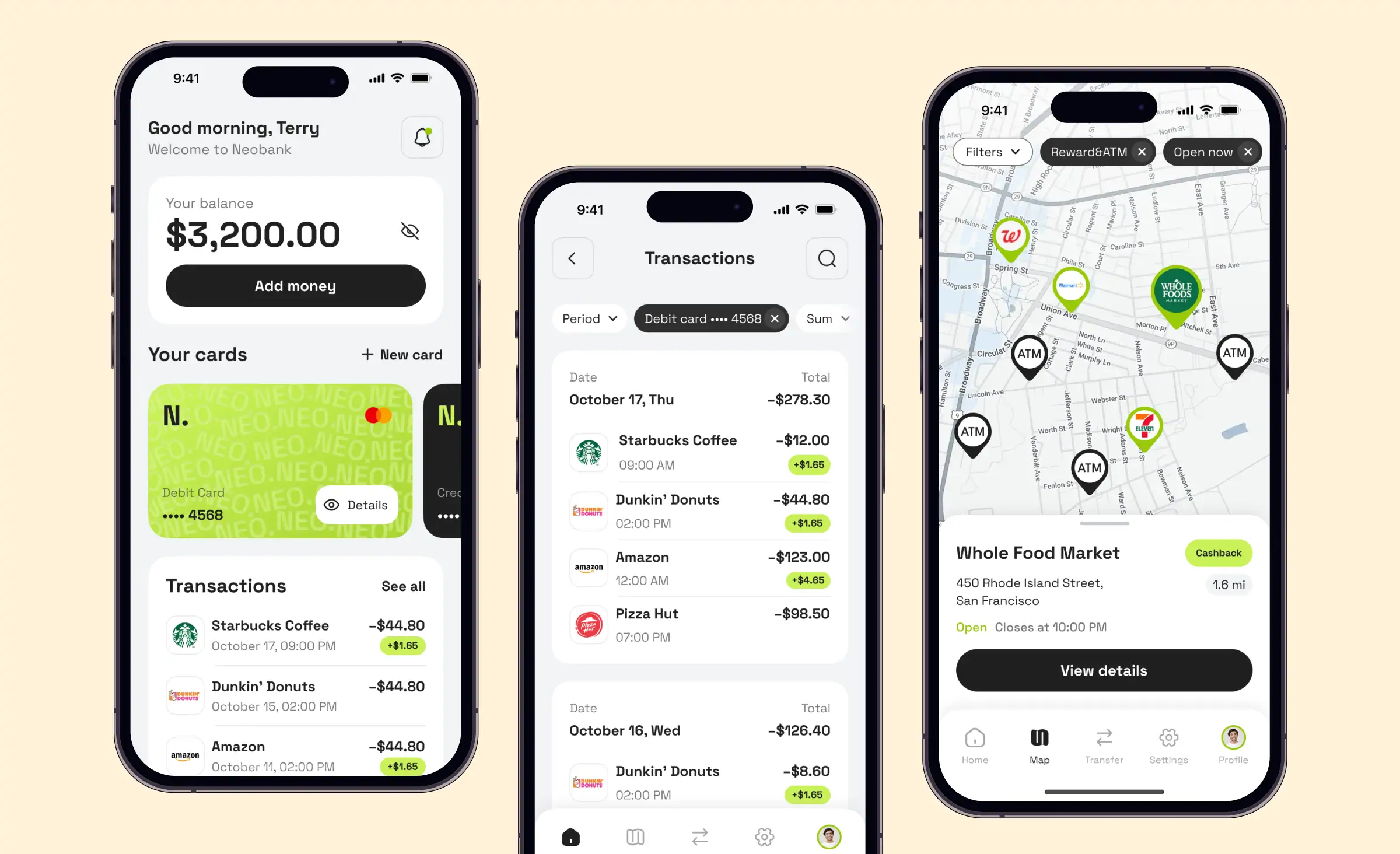 Three smartphone screens displaying a neobank app interface. The first screen shows account balance, linked cards, and recent transactions. The second screen displays a searchable transaction history by date and card, with cashback details. The third screen features a map with locations of ATMs and stores offering rewards, highlighting Whole Food Market with cashback information and store details.