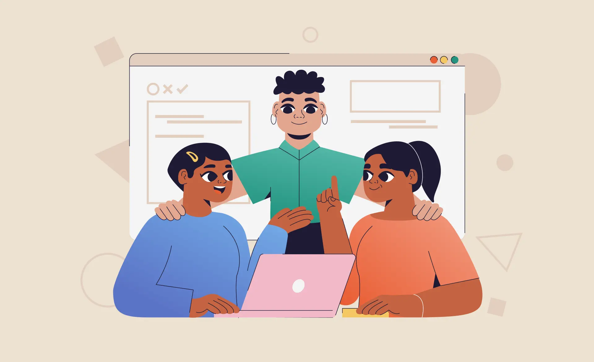 The cover of the article "When It’s Time to Outsource Software Development: for Startups" features three individuals sitting at a laptop, engaged in an enthusiastic discussion. in the background, there is the interface of a web application. This imagery symbolizes an emerging startup.