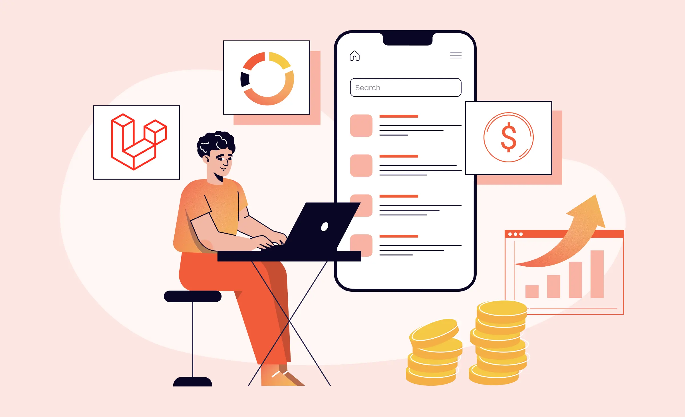 The cover of the article depicts a person working on a laptop, with the Laravel logo, a pie chart, a rising graph, coins, a dollar sign, and a mobile interface in the background. Together, these elements symbolize the search for outsourced Laravel application development services.