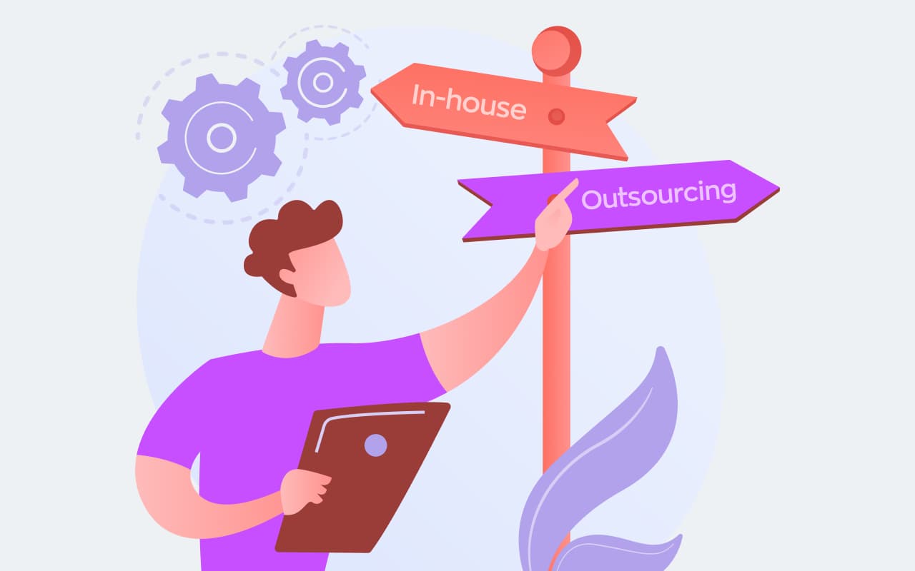 A cover image featuring a person standing at a signpost with two arrows pointing in opposite directions. One arrow points to "In-house" while the other arrow points to "Outsourcing." the person is gesturing towards the "Outsourcing" direction.