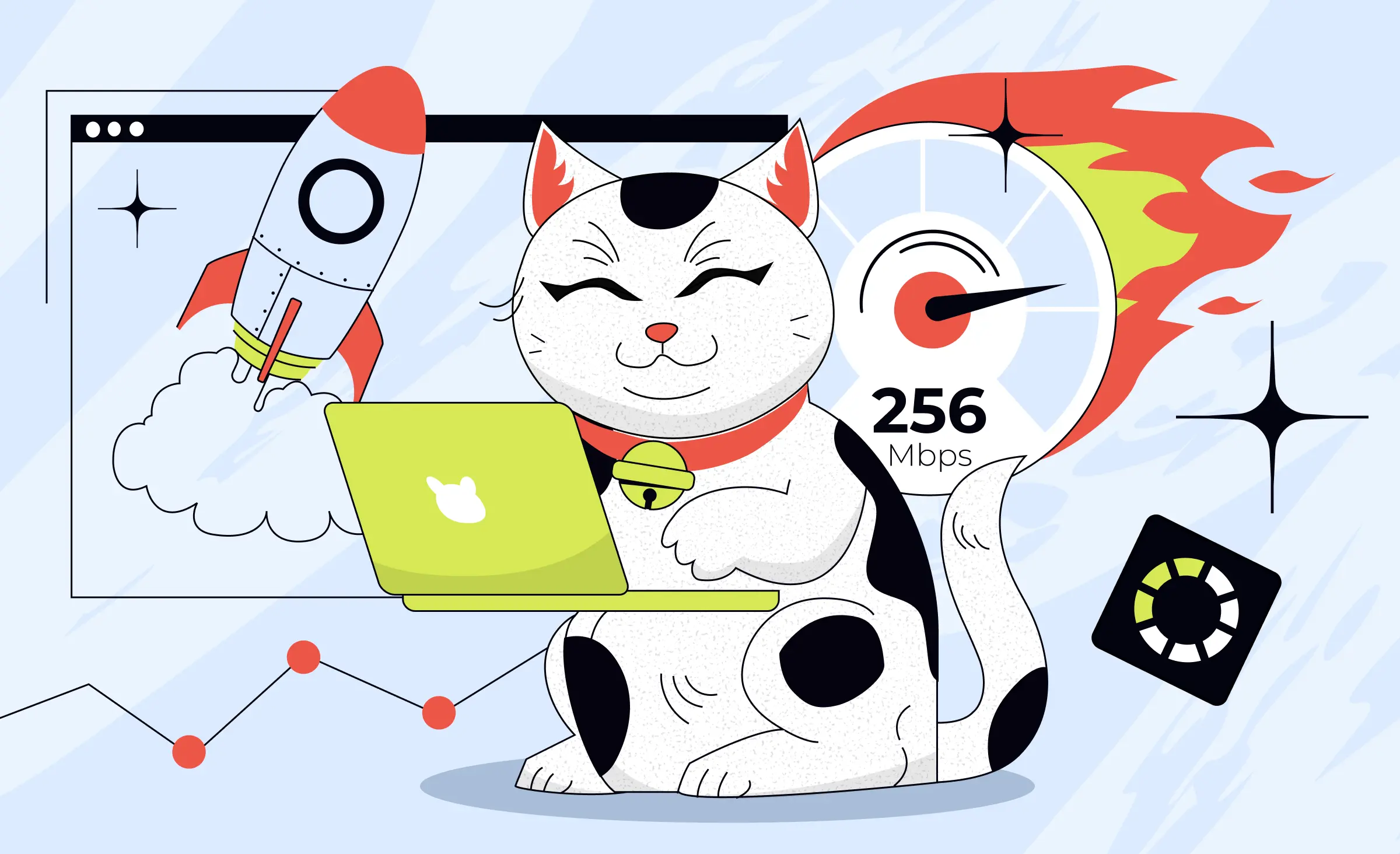 A stylized Maneki-neko cat with a laptop, a rocket launching from a browser, and a flaming speedometer, creatively illustrating the rapid advancements and benefits achieved through effective software performance optimization.