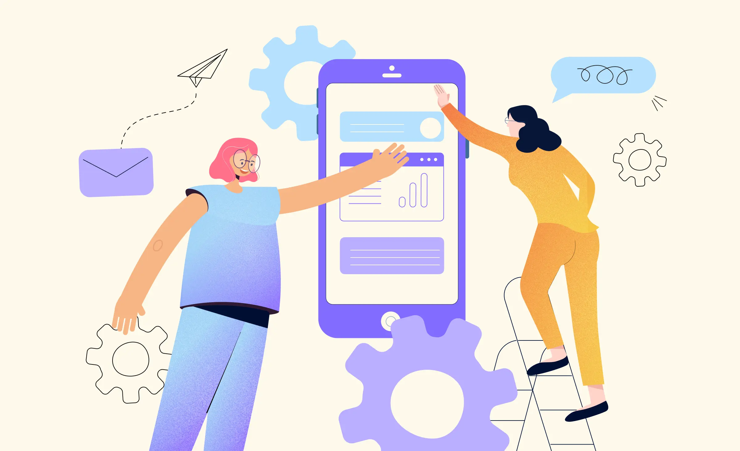 The cover of the article on rapid enterprise application development features two women. One woman, with pink hair, wearing purple clothes and glasses, is raising her hand towards a mobile app interface. the other woman, with black hair, glasses, and wearing yellow clothes, stands on a stepladder as she builds the interface.