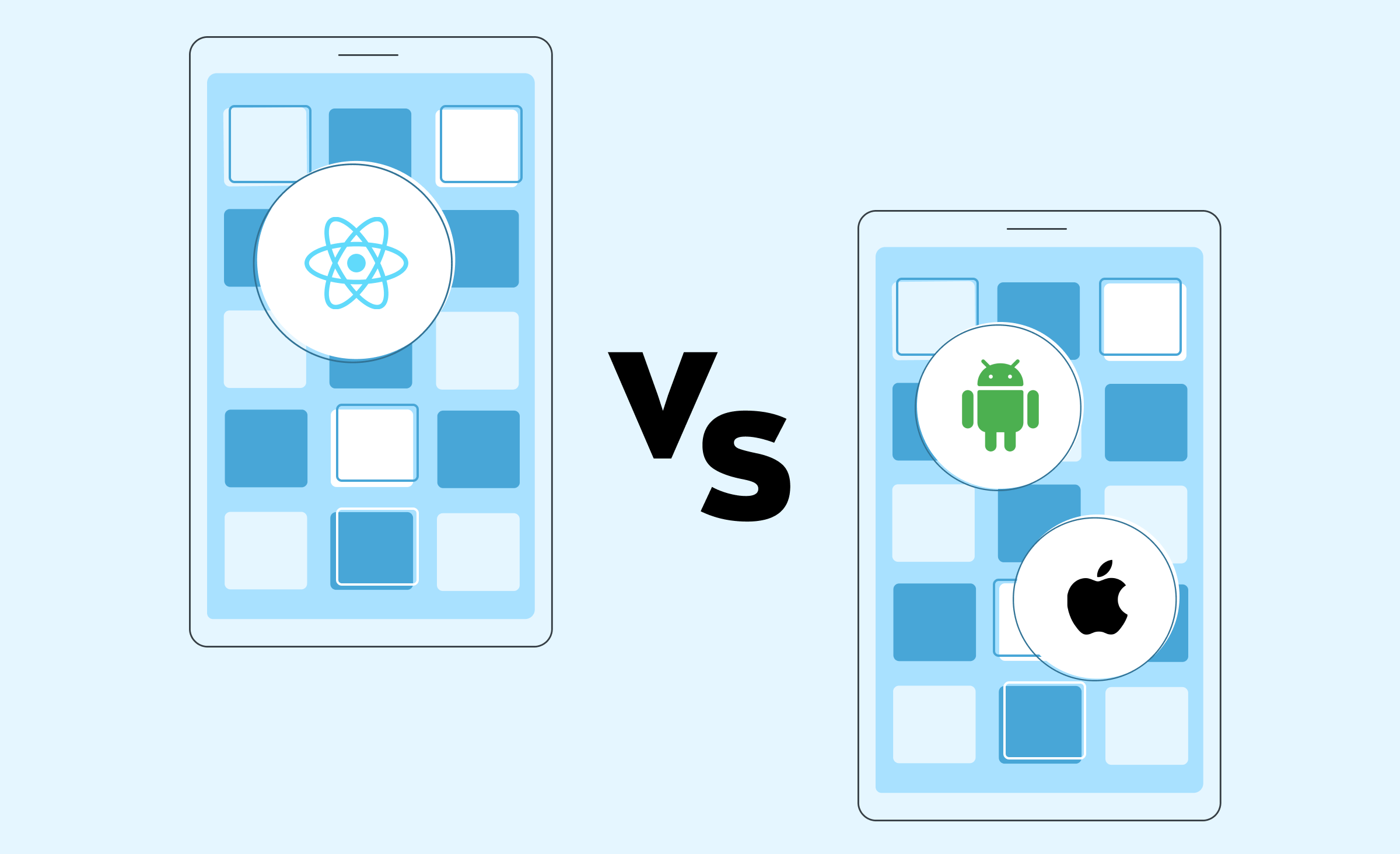 A cover depicting two smartphones in confrontation, one showcasing the React Native logo, and the other displaying both Android and iOS platform logos
