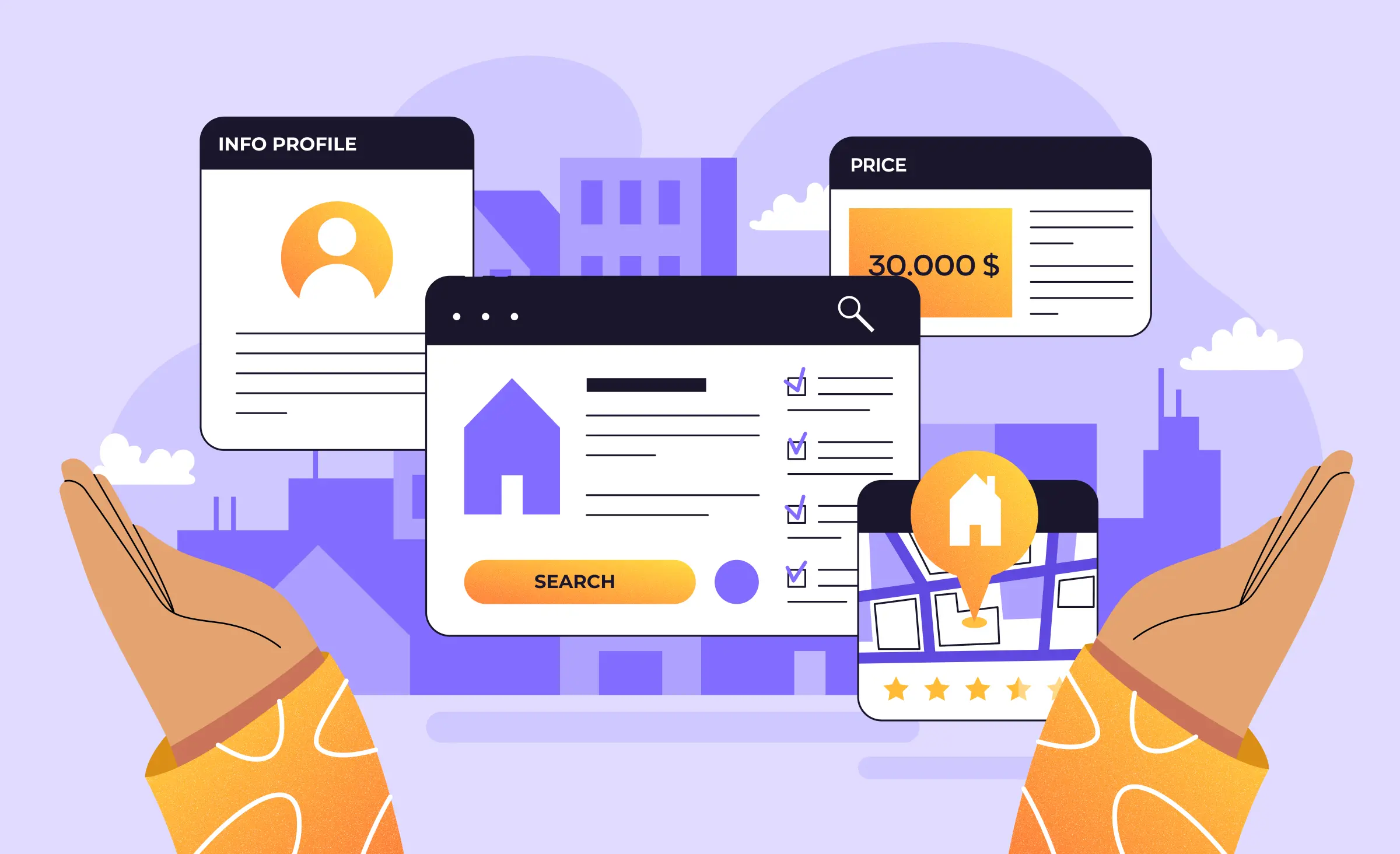 The article cover symbolizes the essential elements of real estate website design, such as profile information, listings, and prices. We see two hands reaching towards these elements.