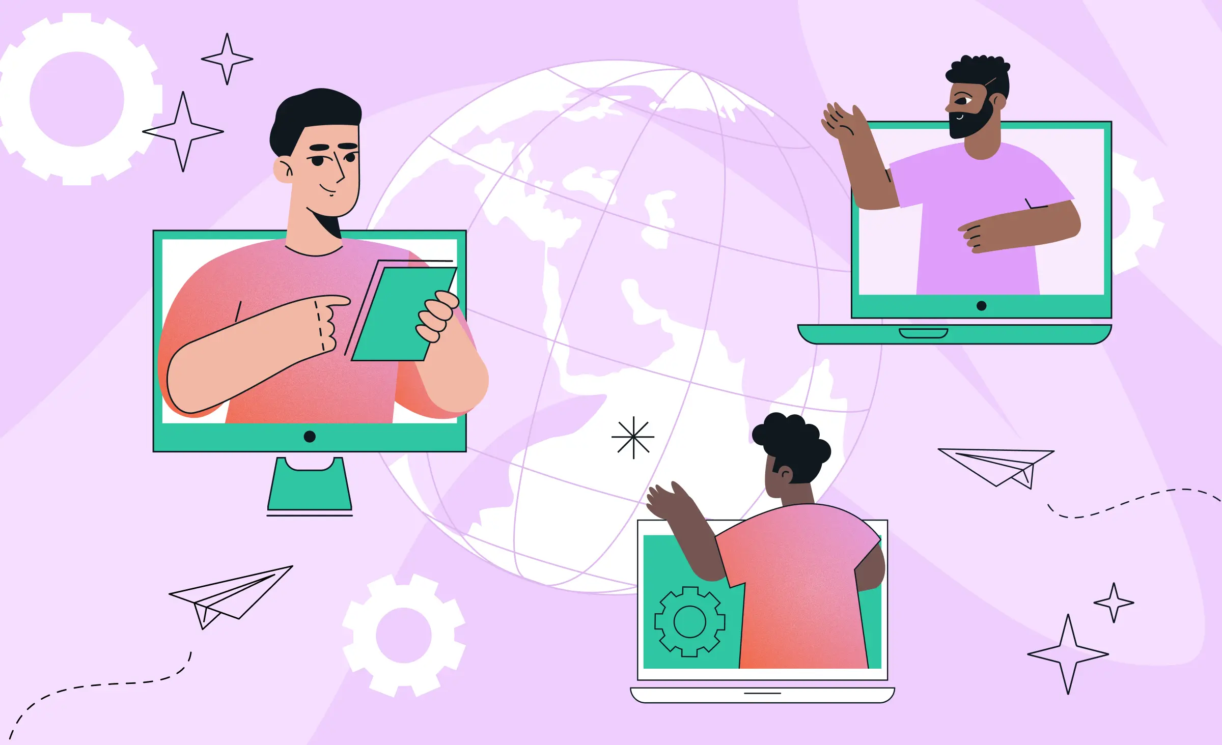The illustration depicts laptops with people appearing from their screens, set against a globe background. This illustration symbolizes software development outsourcing companies located in different parts of the world.