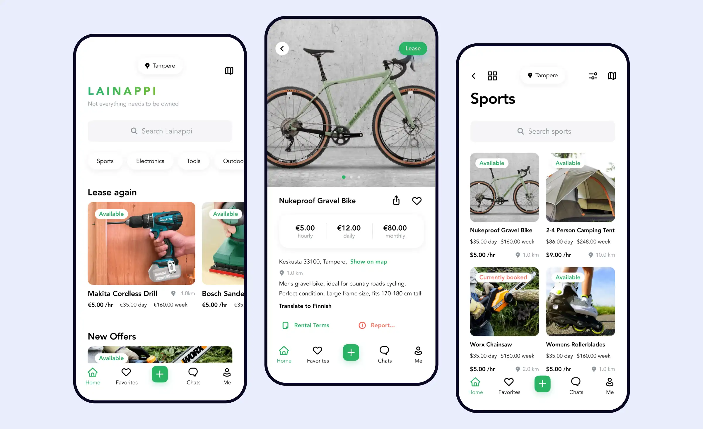 Lainappi app screens showing rental categories in Tampere, an item page for a gravel bike with hourly and daily prices, and a sports listing