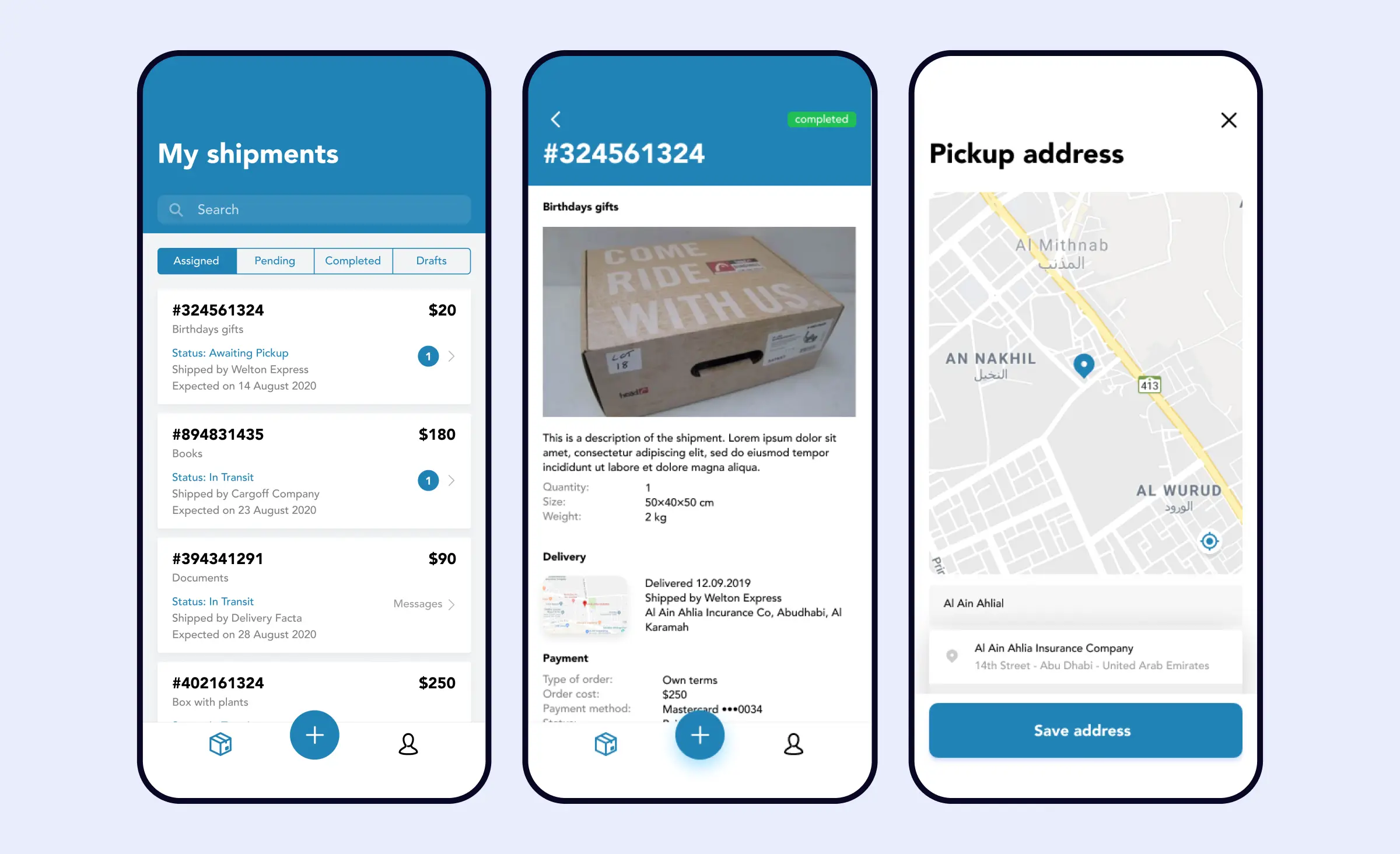 ShipMe app screens showing a shipment list, a shipment detail view with delivery and payment data, and a pickup address map