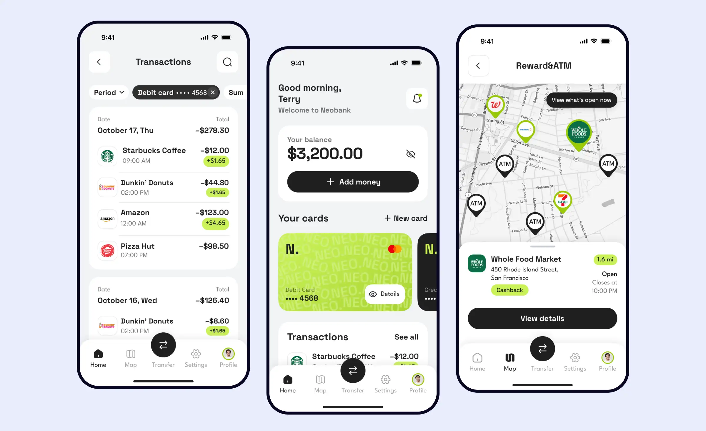 Neobank app screens showing a transaction list with cashback, a home screen with card balance, and a rewards map with nearby ATMs