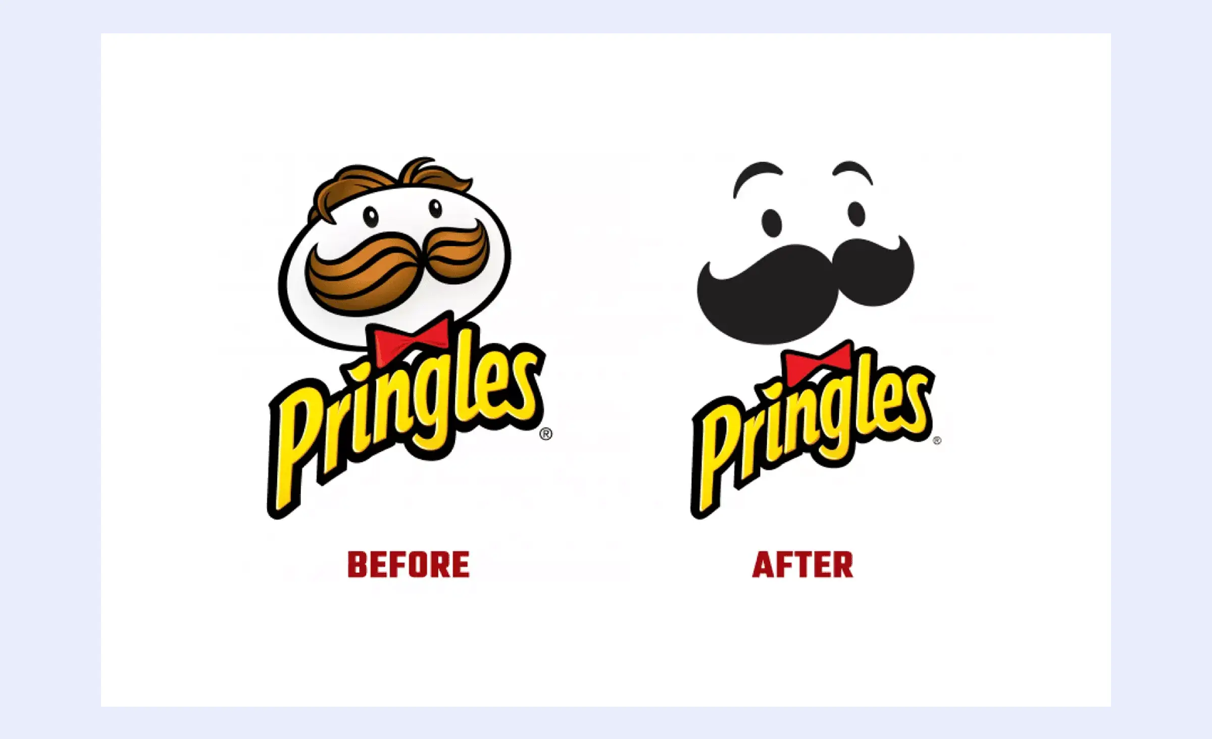 Comparison of the old and new Pringles logos, redesigned in 2020. The old logo features a man with visible facial details, including colorful hair and brown mustache. The new minimalist logo includes only eyebrow lines, eye dots, a mustache, and a bow tie, all in a flat monotone design, illustrating a minimalist website redesign approach.