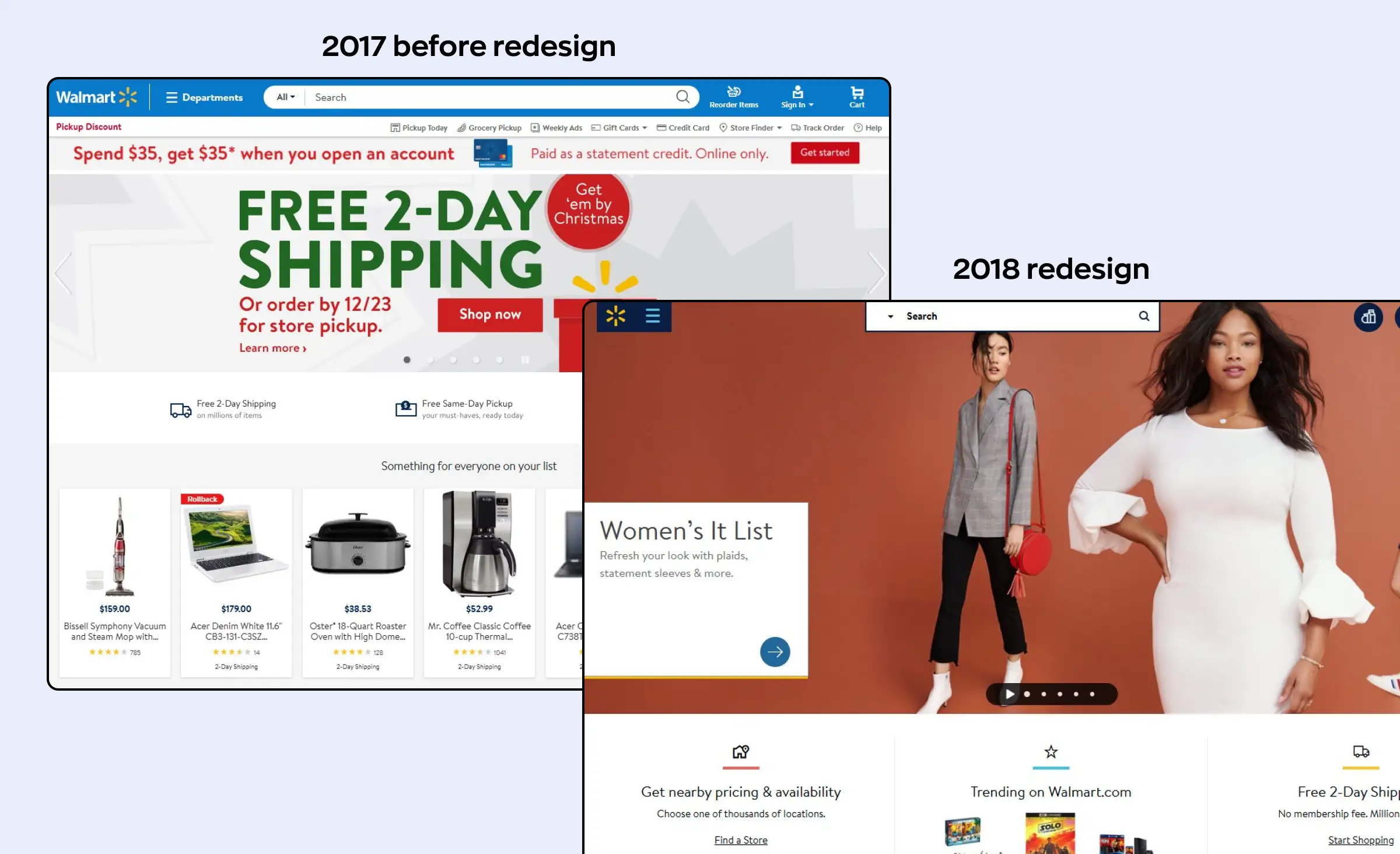 Image showing the Walmart website from 2017 before the redesign and from 2018 after the redesign. Aiming for minimalism, the 2018 redesign prioritized icon-based buttons and model images over product details, contrasting with principles of a successful website redesign.