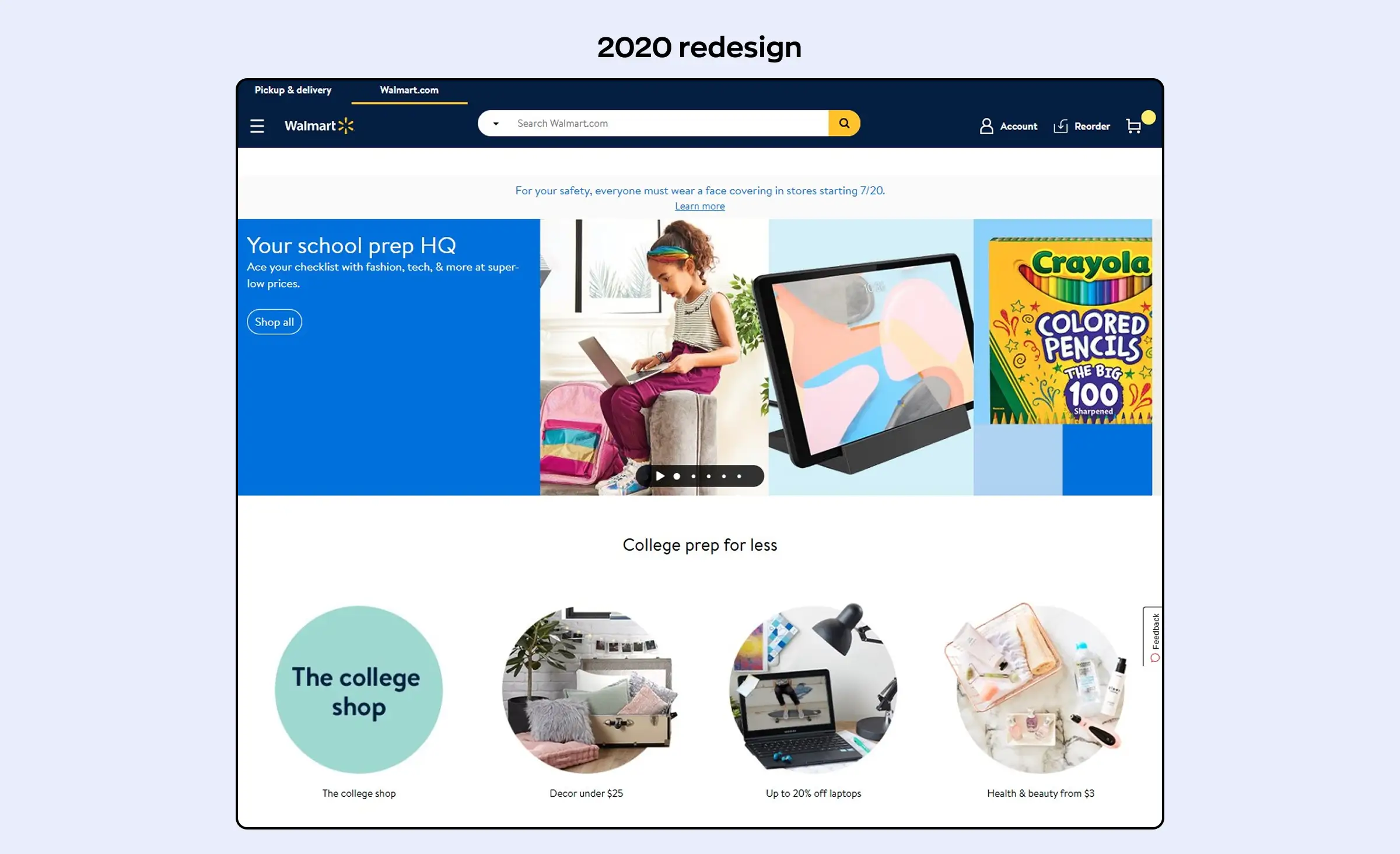 Image of Walmart’s 2020 website redesign, where the company returned to detailed product descriptions and categorized menus. The top menu features labels instead of icons for clarity, resembling the pre-redesign version from 2017, exemplifying a successful website redesign.