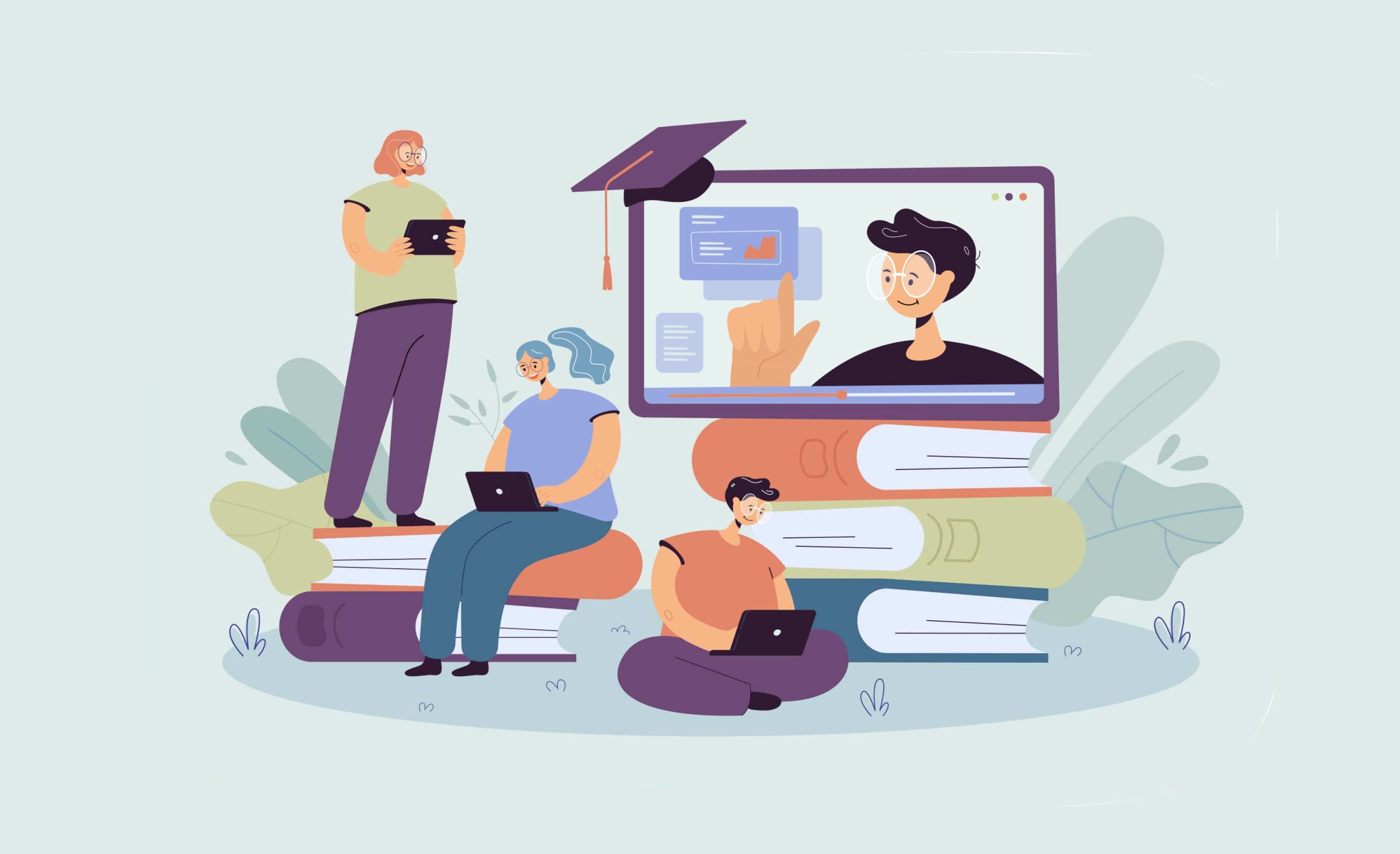 An illustration of studying people reflecting the outcomes of  implementing a learning management system