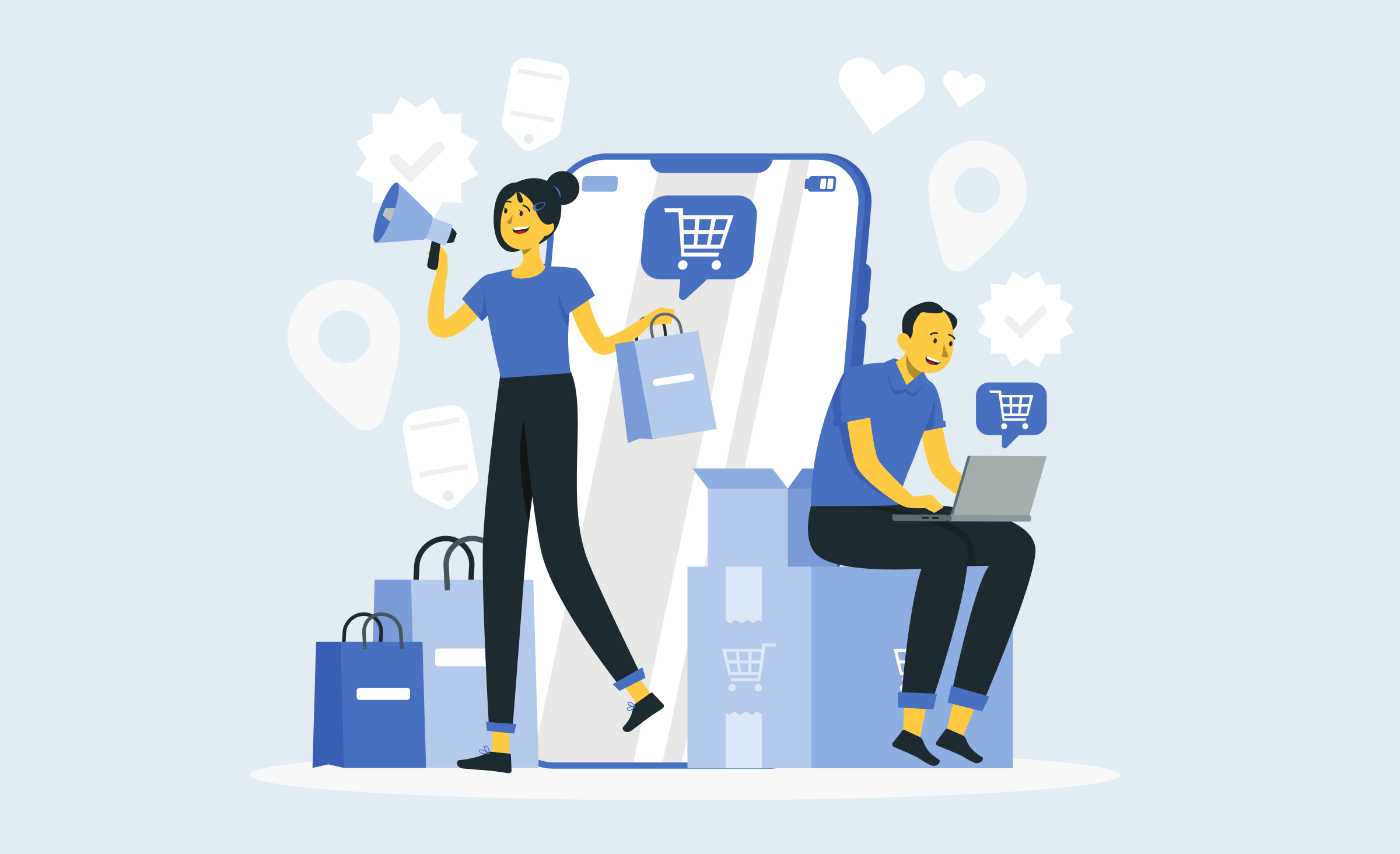 A cover showing a man and woman selling and buying products via devices. the cover demonstrates the power of mobile app development in modern operations