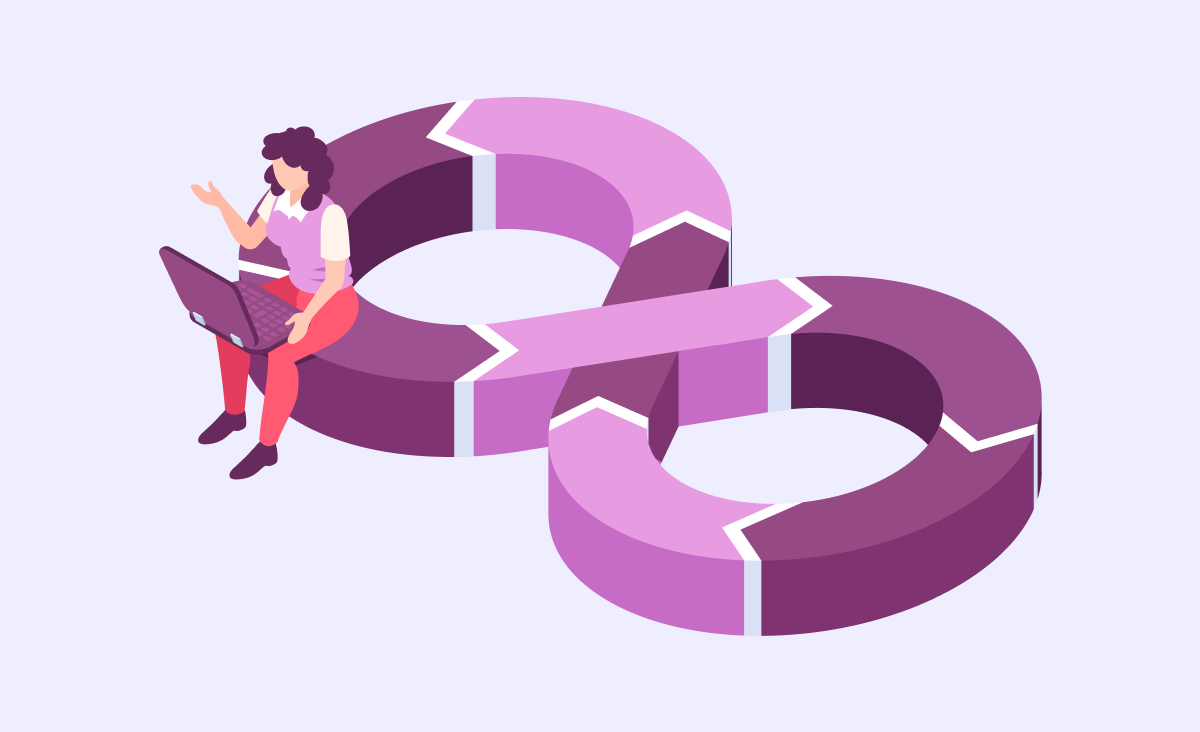 A cover of the article depicts a woman with a laptop. She is seated on the eternity sign representing DevOps continuous delivery. Her right hand is slightly raised, indicating her confusion as she tries to understand the purpose of DevOps.