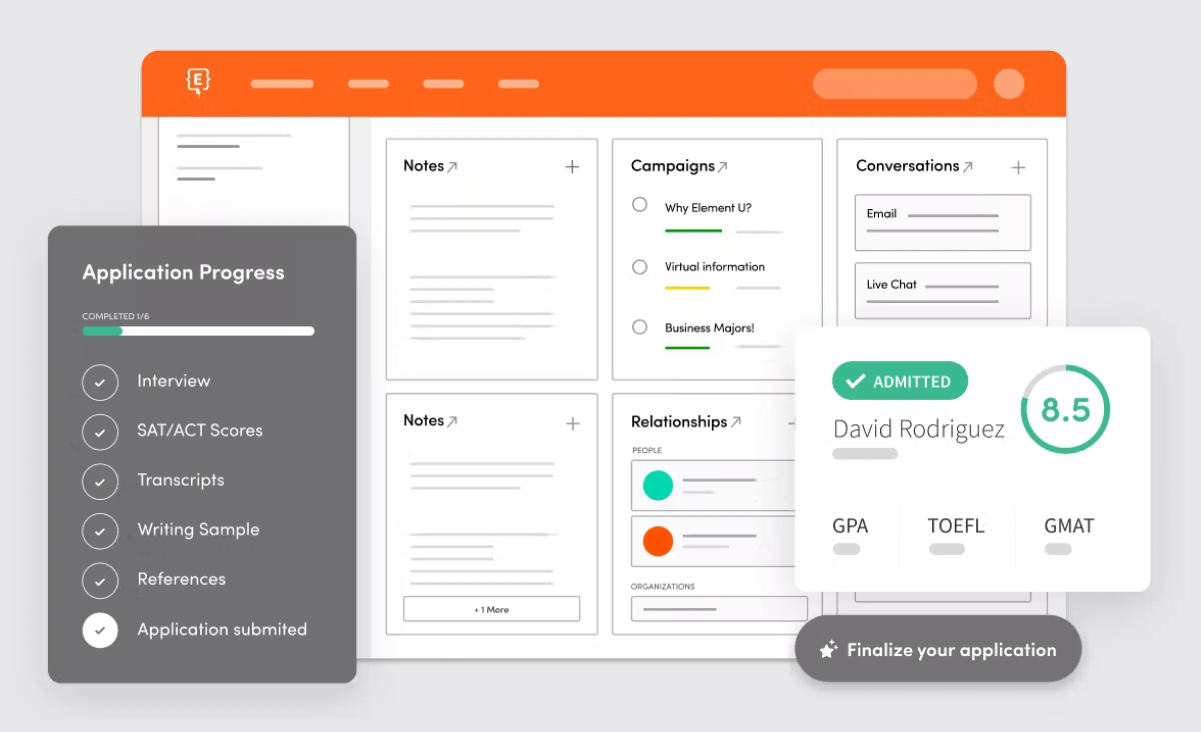 Element451 admissions dashboard with application progress, campaigns and an admitted student record