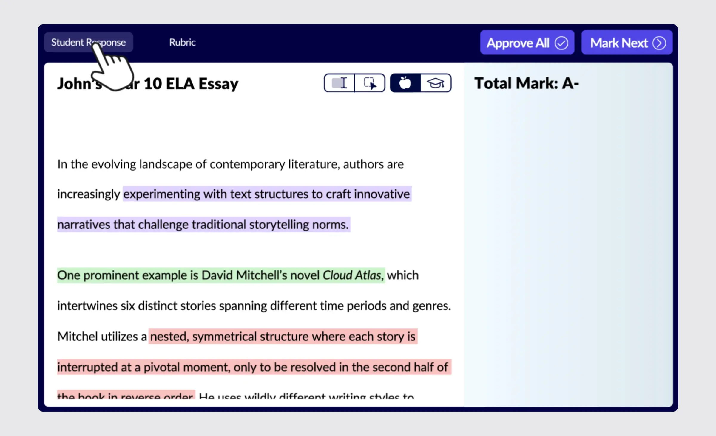 Edexia marking screen with a highlighted student essay and an A- total mark