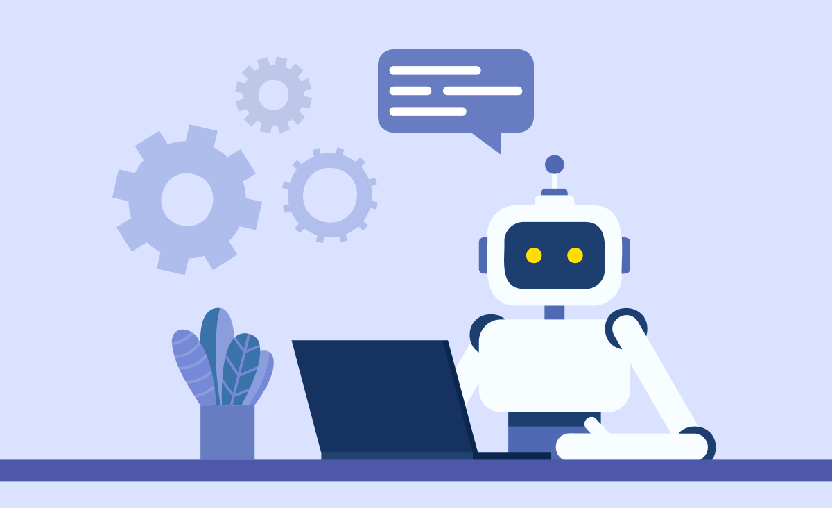 The cover depicts AI in software development: a robot seated in front of a computer with a speech bubble above its head. Additionally, there is a small plant in a pot beside the computer.